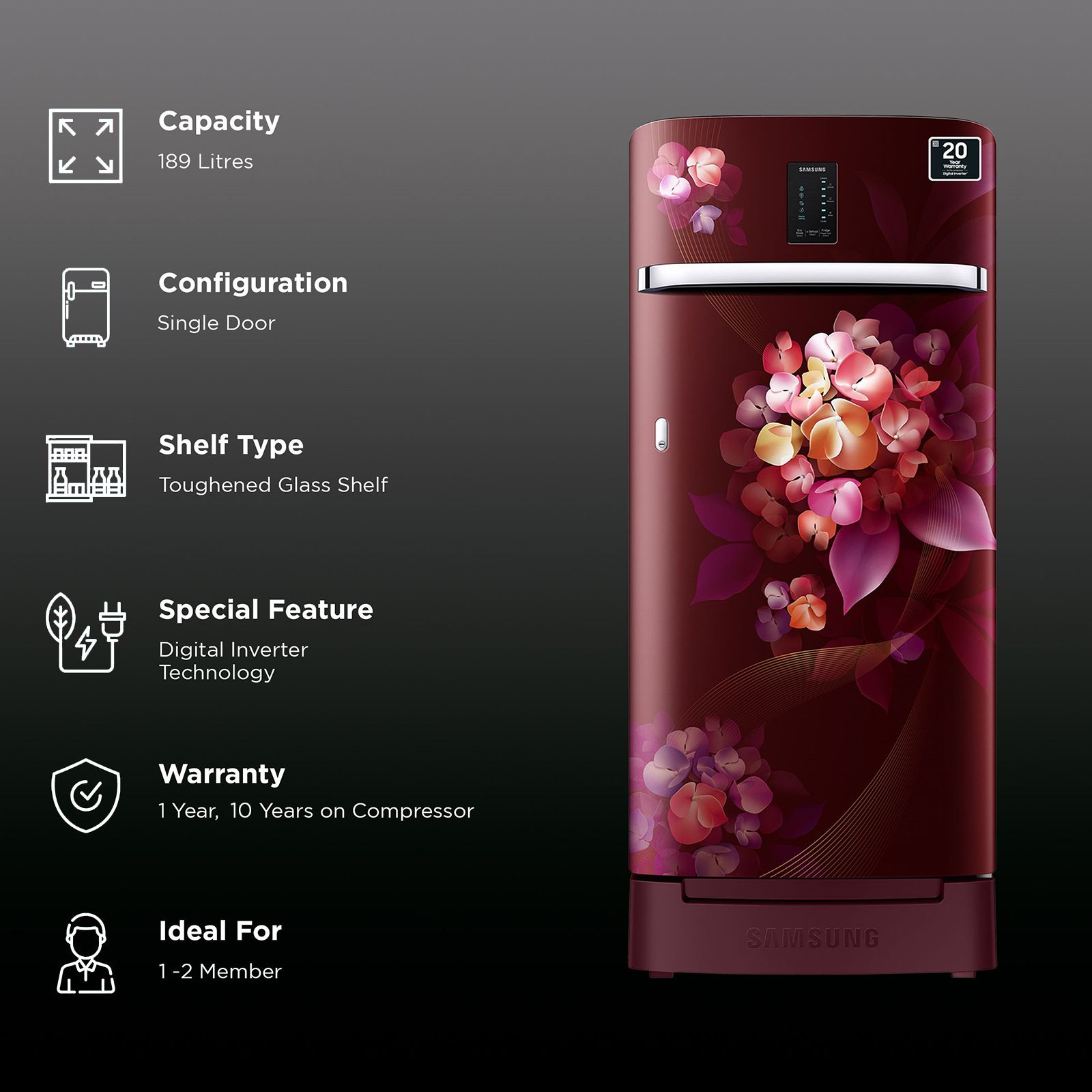 SAMSUNG 189 Litres 5 Star Direct Cool Single Door Refrigerator with Digi-Touch Cool (RR21C2F25HT/HL, Hydrangea Plum) SAMSUNG 189 Litres 5 Star Direct Cool Single Door Refrigerator with Digi-Touch Cool (RR21C2F25HT/HL, Hydrangea Plum)_2