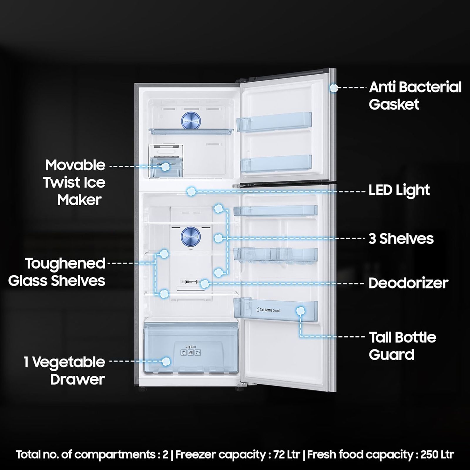 SAMSUNG 322 Litres 2 Star Frost Free Double Door Convertible Refrigerator with Anti Bacterial Gasket (RT37C4512S8/HL, Elegant Inox)_12