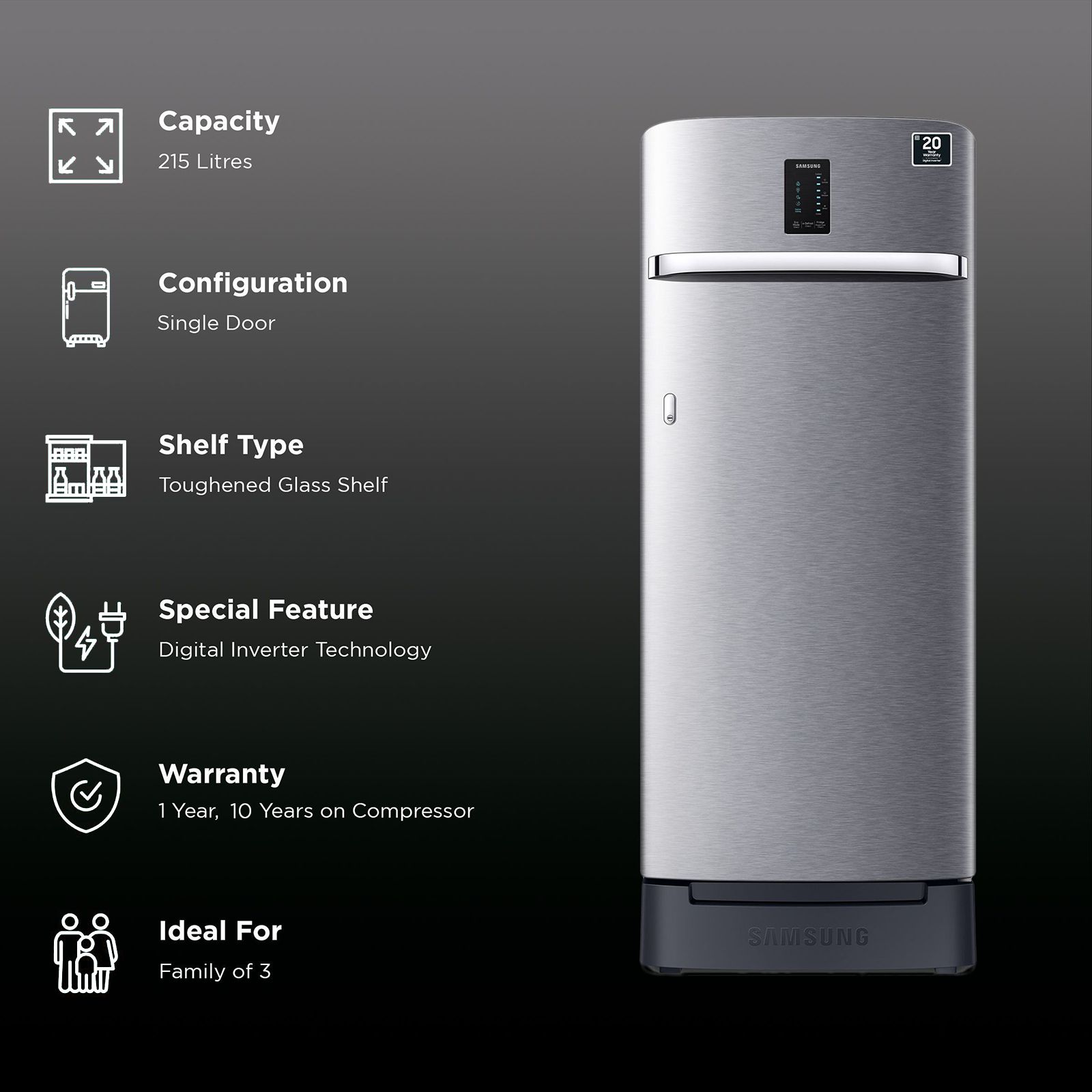 SAMSUNG 215 Litres 4 Star Direct Cool Single Door Refrigerator with Antibacterial Gasket (RR23C2F24S8/HL, Elegant Inox) SAMSUNG 215 Litres 4 Star Direct Cool Single Door Refrigerator with Antibacterial Gasket (RR23C2F24S8/HL, Elegant Inox)_2