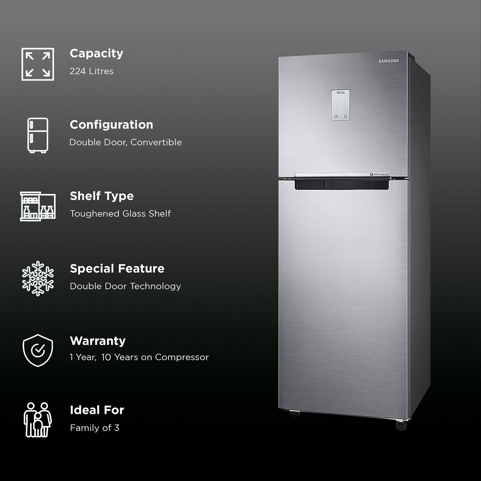 SAMSUNG 224 Litres 2 Star Frost Free Double Door Refrigerator with Curd Maestro (RT28C3522S8/HL, Elegant Inox) SAMSUNG 224 Litres 2 Star Frost Free Double Door Refrigerator with Curd Maestro (RT28C3522S8/HL, Elegant Inox)_2