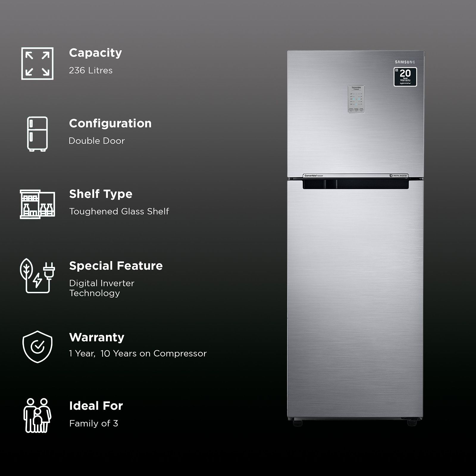 SAMSUNG 236 Litres 2 Star Frost Free Double Door Convertible Refrigerator with Toughened Glass Shelves (RT28C3742S8/HL, Elegant Inox) SAMSUNG 236 Litres 2 Star Frost Free Double Door Convertible Refrigerator with Toughened Glass Shelves (RT28C3742S8/HL, Elegant Inox)_2
