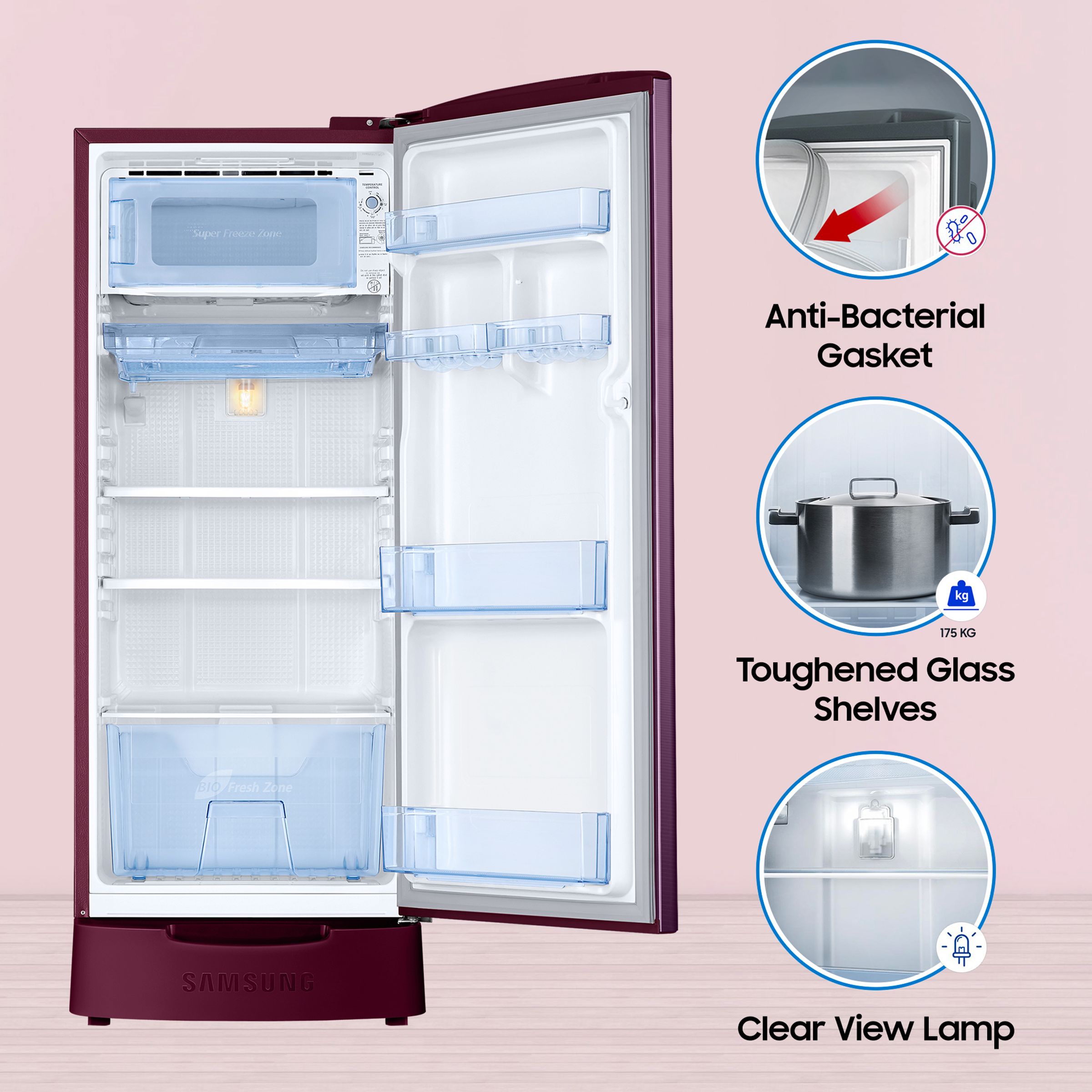 SAMSUNG Stylish Grande 183 Litres4 Star Direct Cool Single Door Refrigerator with Stabilizer Free Operation (RR20C1824CR/HL, Camellia Purple) SAMSUNG Stylish Grande 183 Litres4 Star Direct Cool Single Door Refrigerator with Stabilizer Free Operation (RR20C1824CR/HL, Camellia Purple)_18