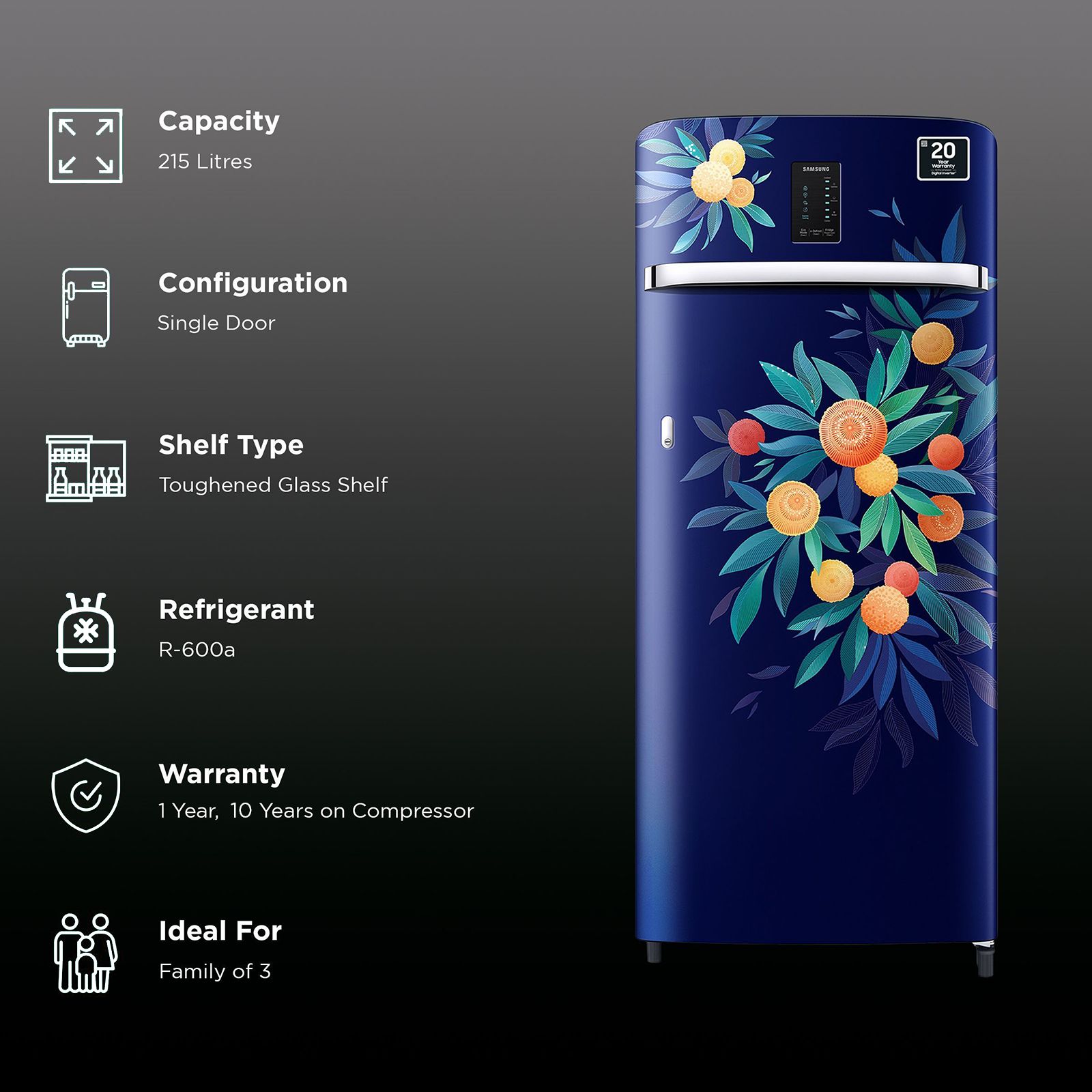 SAMSUNG 215 Litres 5 Star Direct Cool Single Door Refrigerator with Digi-Touch Cool (RR23C2E35NK/HL, Orange Blossom Blue) SAMSUNG 215 Litres 5 Star Direct Cool Single Door Refrigerator with Digi-Touch Cool (RR23C2E35NK/HL, Orange Blossom Blue)_2
