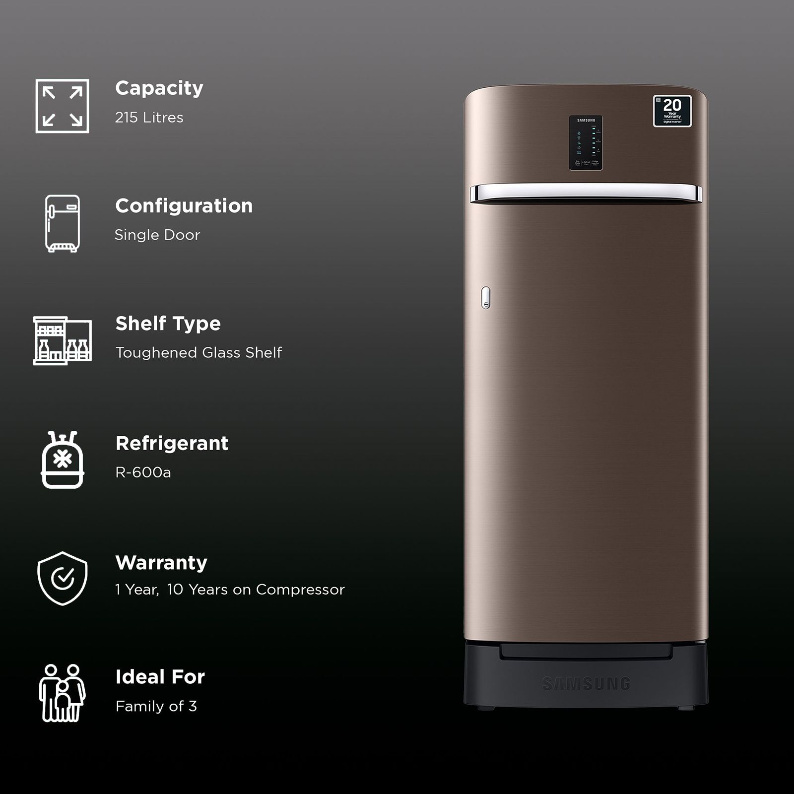 SAMSUNG 215 Litres 5 Star Direct Cool Single Door Refrigerator with Digi-Touch Cool (RR23C2F35DX/HL, Luxe Brown) SAMSUNG 215 Litres 5 Star Direct Cool Single Door Refrigerator with Digi-Touch Cool (RR23C2F35DX/HL, Luxe Brown)_2