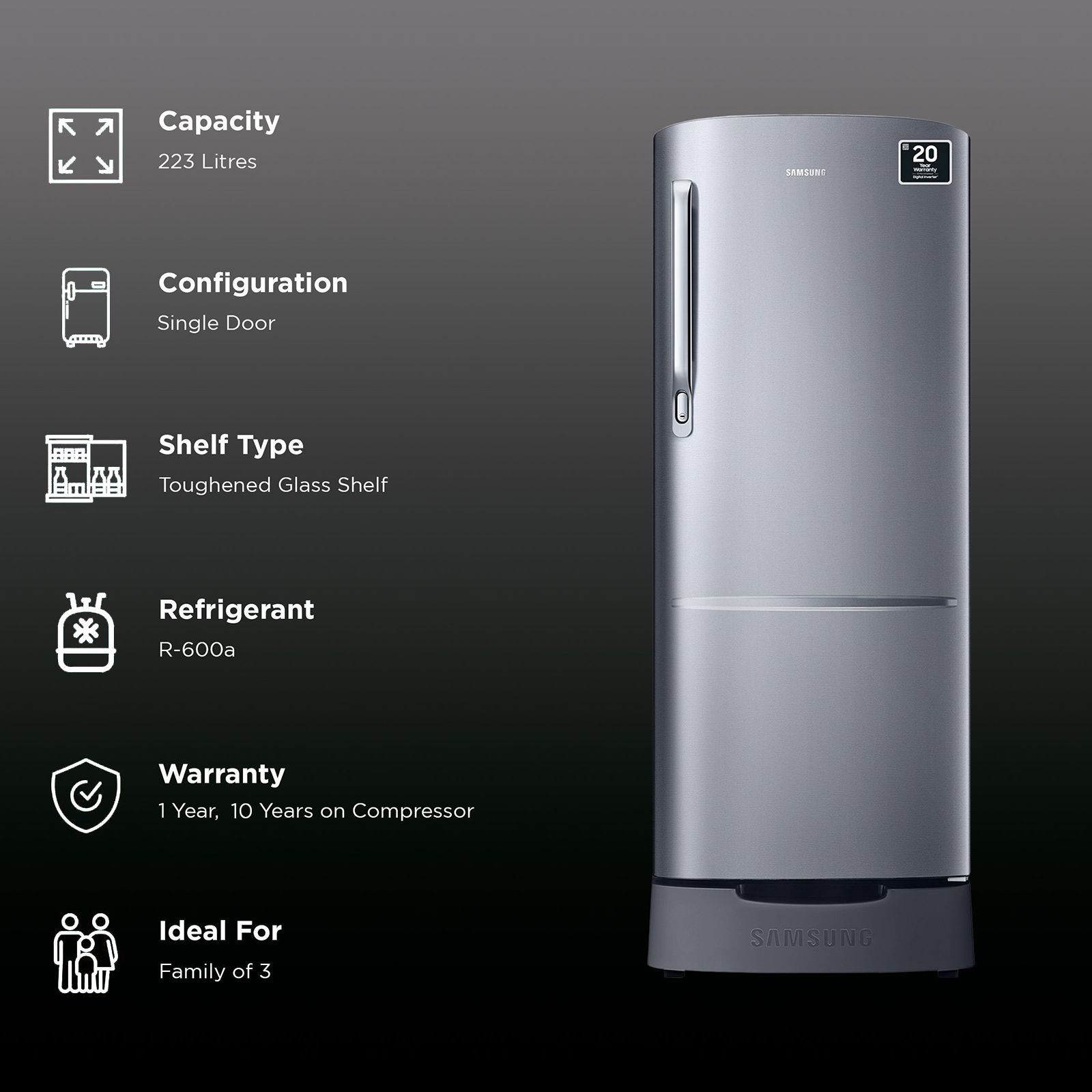 SAMSUNG 223 Litres 3 Star Direct Cool Single Door Refrigerator with Base Drawer (RR24C2823S8/NL, Elegant Inox) SAMSUNG 223 Litres 3 Star Direct Cool Single Door Refrigerator with Base Drawer (RR24C2823S8/NL, Elegant Inox)_2