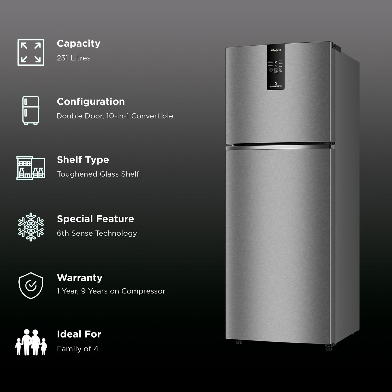 Whirlpool Intellifresh Pro 278 235 Litres 2 Star Frost Free Double Door Convertible Refrigerator with 6th Sense Technology (Grey)_2