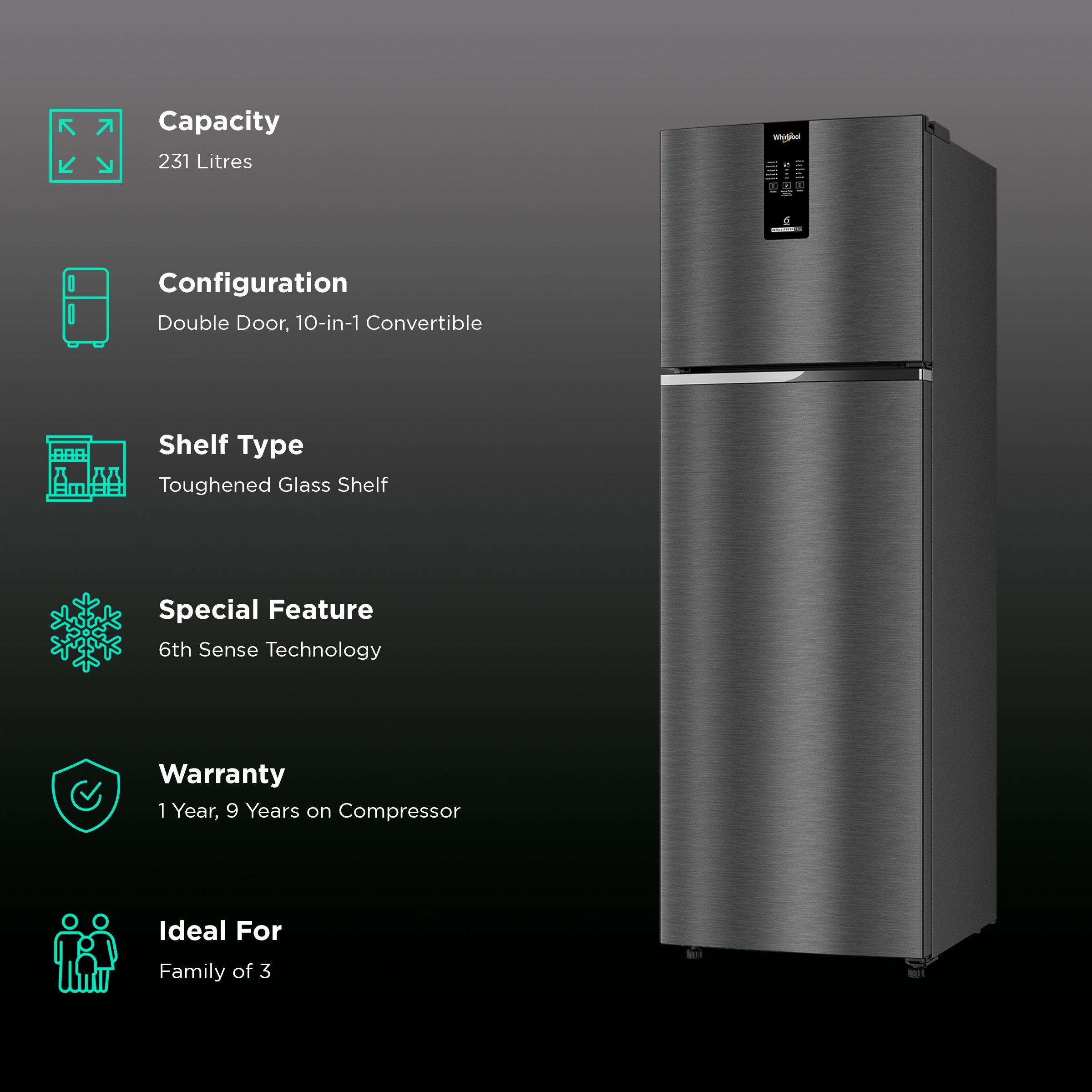 Whirlpool Intellifresh Pro 278 231 Litres 3 Star Frost Free Double Door Convertible Refrigerator with 6th Sense Technology (Black) Whirlpool Intellifresh Pro 278 231 Litres 3 Star Frost Free Double Door Convertible Refrigerator with 6th Sense Technology (Black)_2