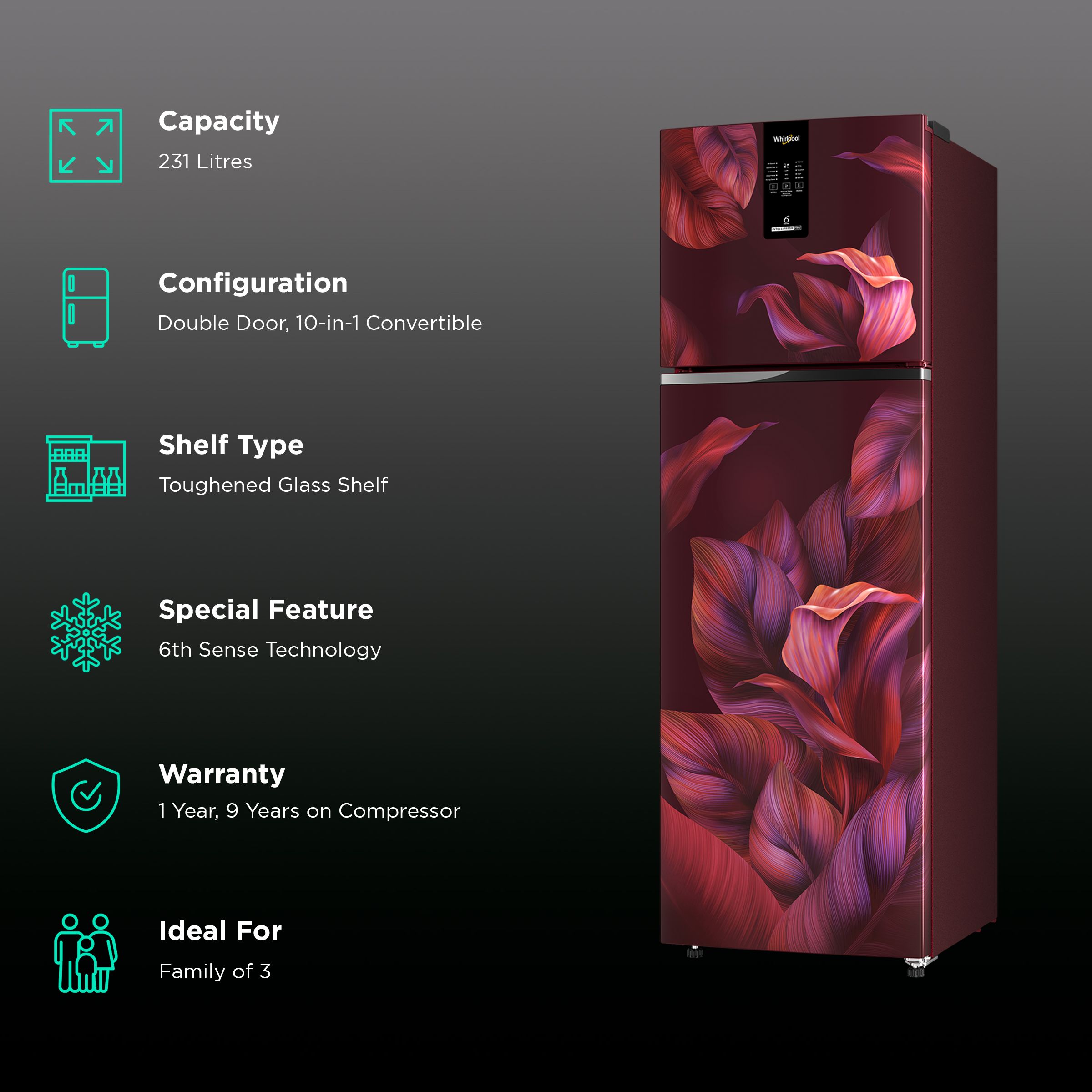 Whirlpool Intellifresh Pro 278 231 Litres 2 Star Frost Free Double Door Convertible Refrigerator with 6th Sense Technology (Wine)_2