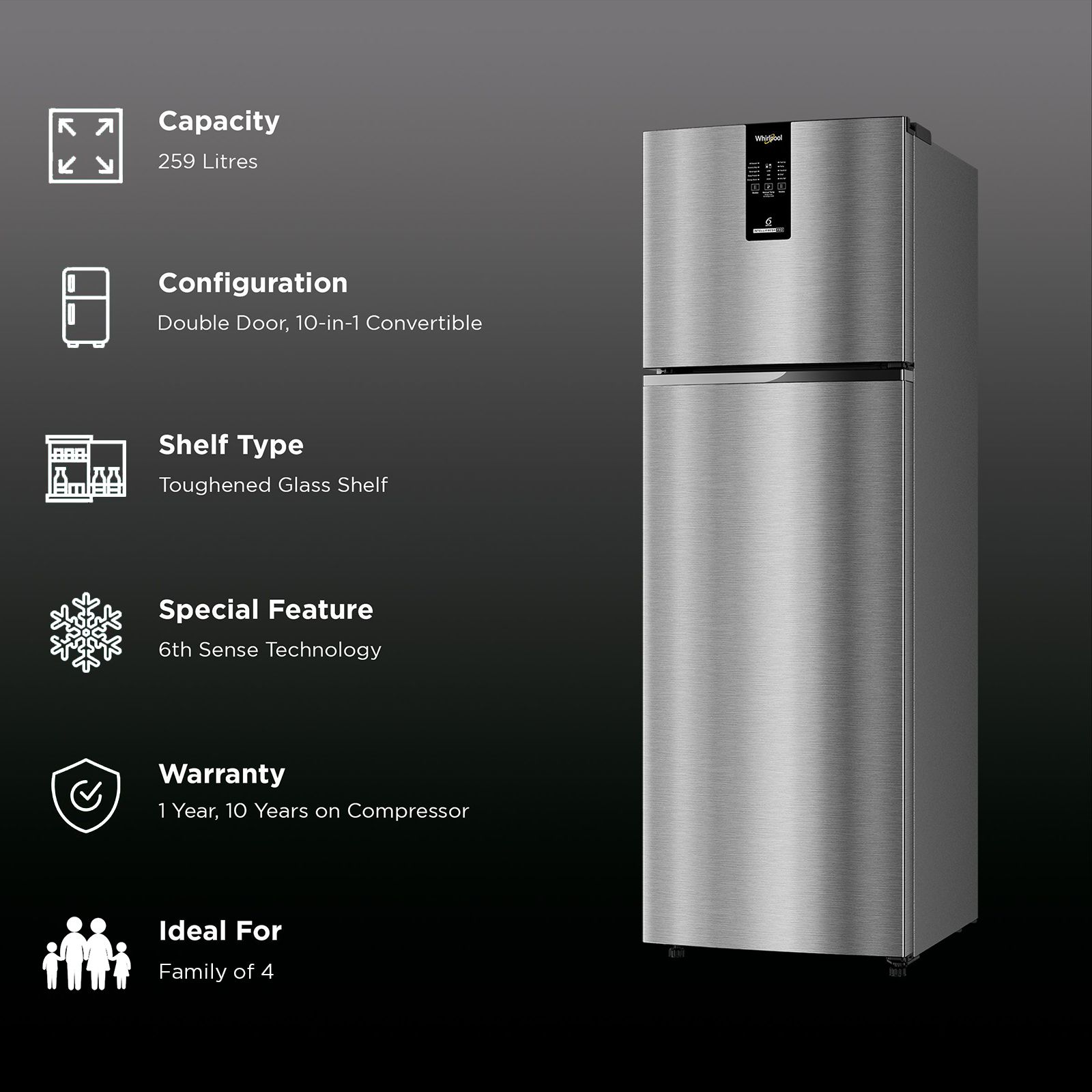 Whirlpool Intellifresh Pro 259 Litres 2 Star Frost Free Double Door Convertible Refrigerator with 6th Sense Technology (Grey) Whirlpool Intellifresh Pro 259 Litres 2 Star Frost Free Double Door Convertible Refrigerator with 6th Sense Technology (Grey)_2