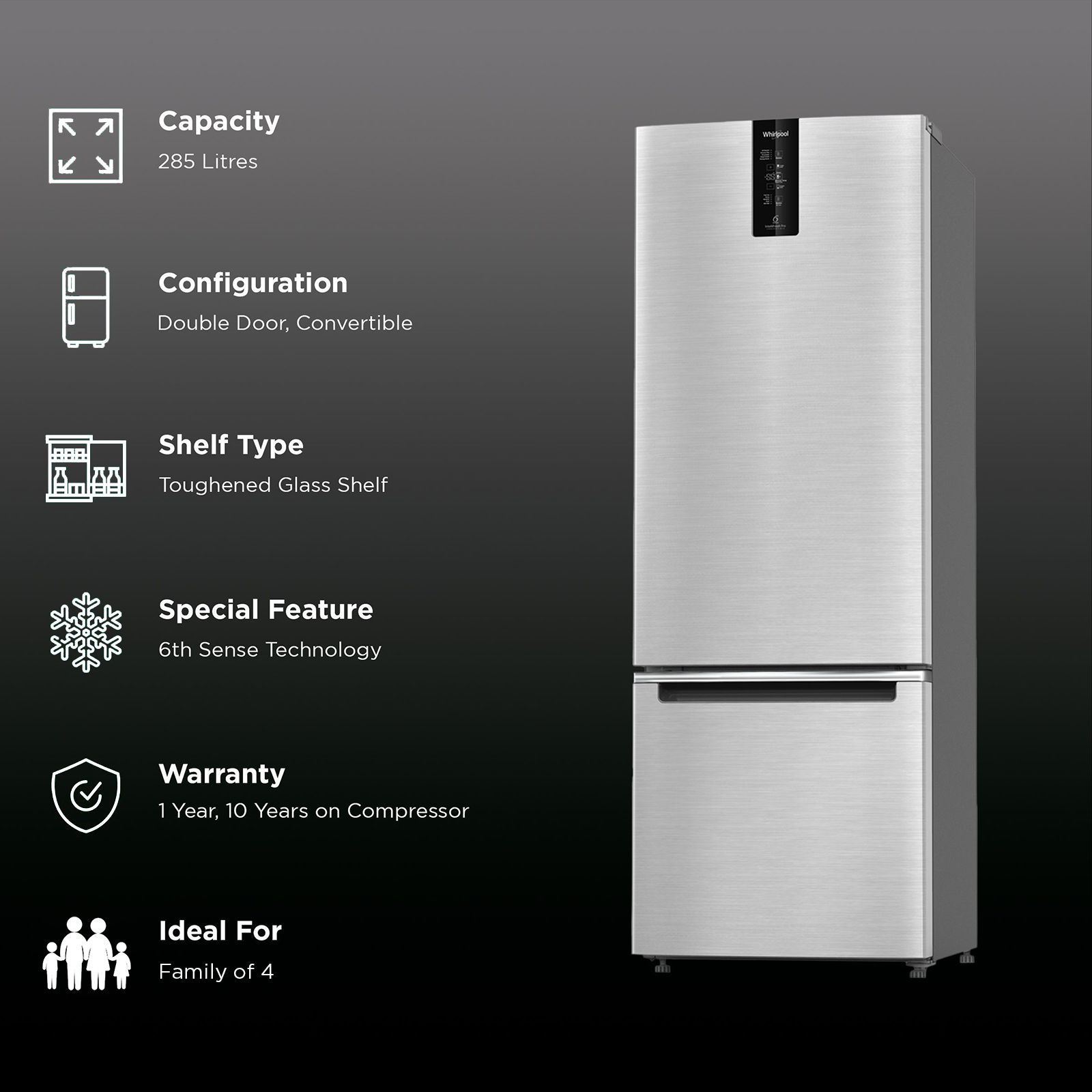 Whirlpool Intellifresh Pro 285 Litres 2 Star Frost Free Double Door Bottom Mount Convertible Refrigerator with 6th Sense Technology (IFPRO BM INV CNV 3, Grey) Whirlpool Intellifresh Pro 285 Litres 2 Star Frost Free Double Door Bottom Mount Convertible Refrigerator with 6th Sense Technology (IFPRO BM INV CNV 3, Grey)_2