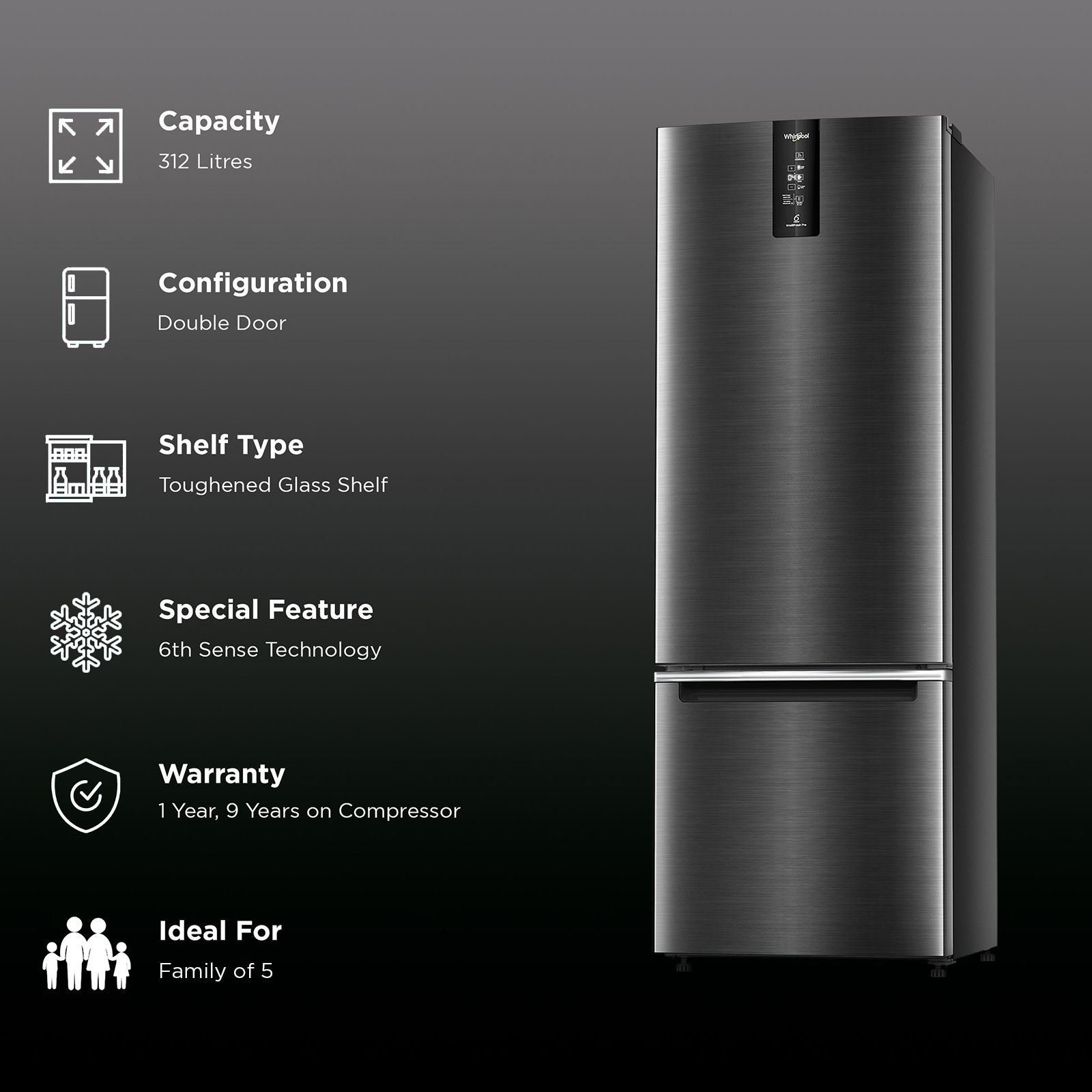 Whirlpool Intellifresh Pro 370 312 Litres 3 Star Frost Free Double Door Bottom Mount Convertible Refrigerator with 6th Sense Technology (Steel Onyx) Whirlpool Intellifresh Pro 370 312 Litres 3 Star Frost Free Double Door Bottom Mount Convertible Refrigerator with 6th Sense Technology (Steel Onyx)_2