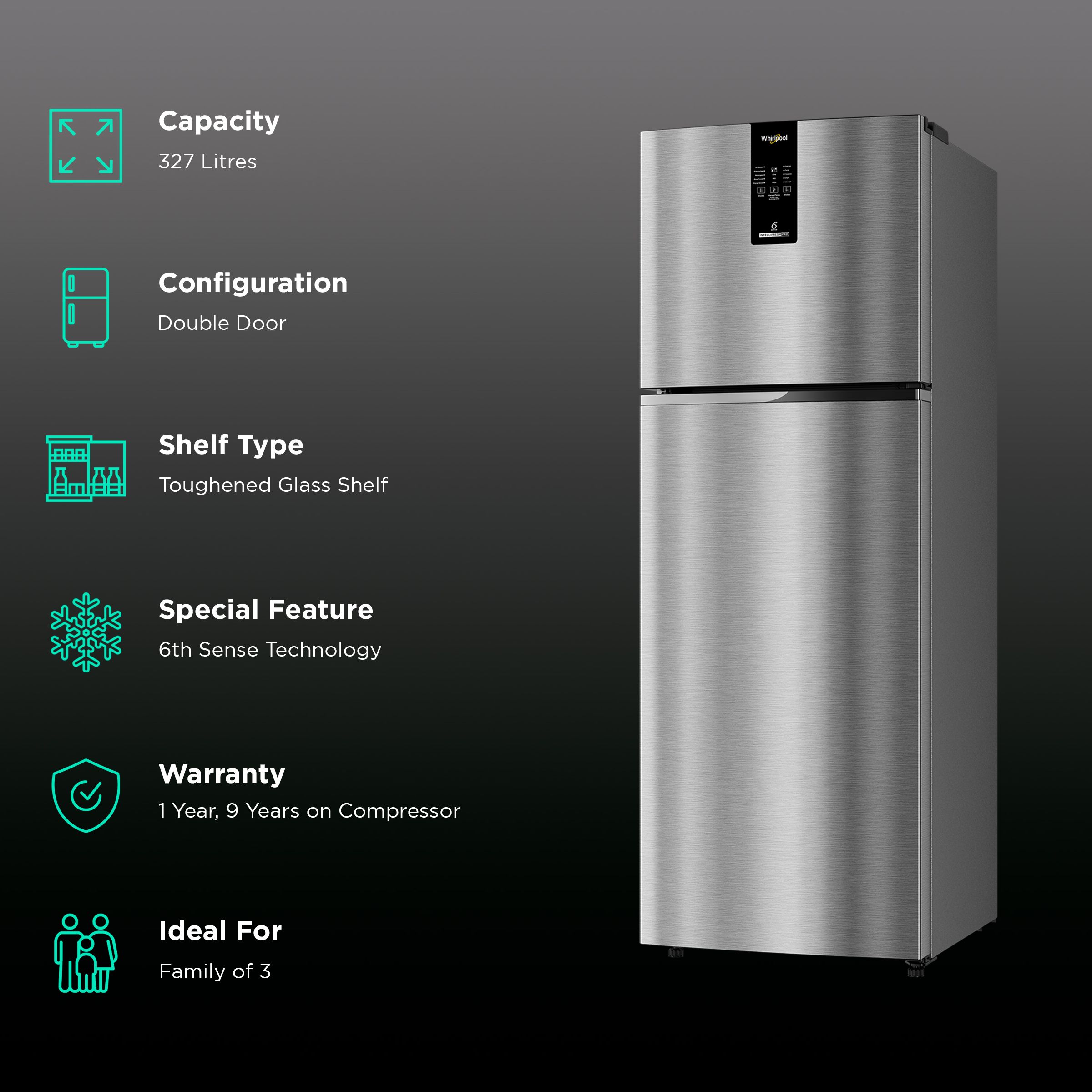 Whirlpool Intellifresh Pro 375 327 Litres 3 Star Frost Free Double Door Convertible Refrigerator with 6th Sense Technology (Grey) Whirlpool Intellifresh Pro 375 327 Litres 3 Star Frost Free Double Door Convertible Refrigerator with 6th Sense Technology (Grey)_2