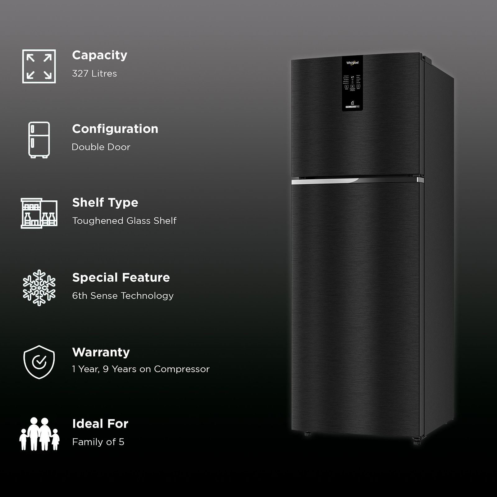 Whirlpool Intellifresh Pro 375 327 Litres 2 Star Frost Free Double Door Convertible Refrigerator with 6th Sense Technology (Grey)_2