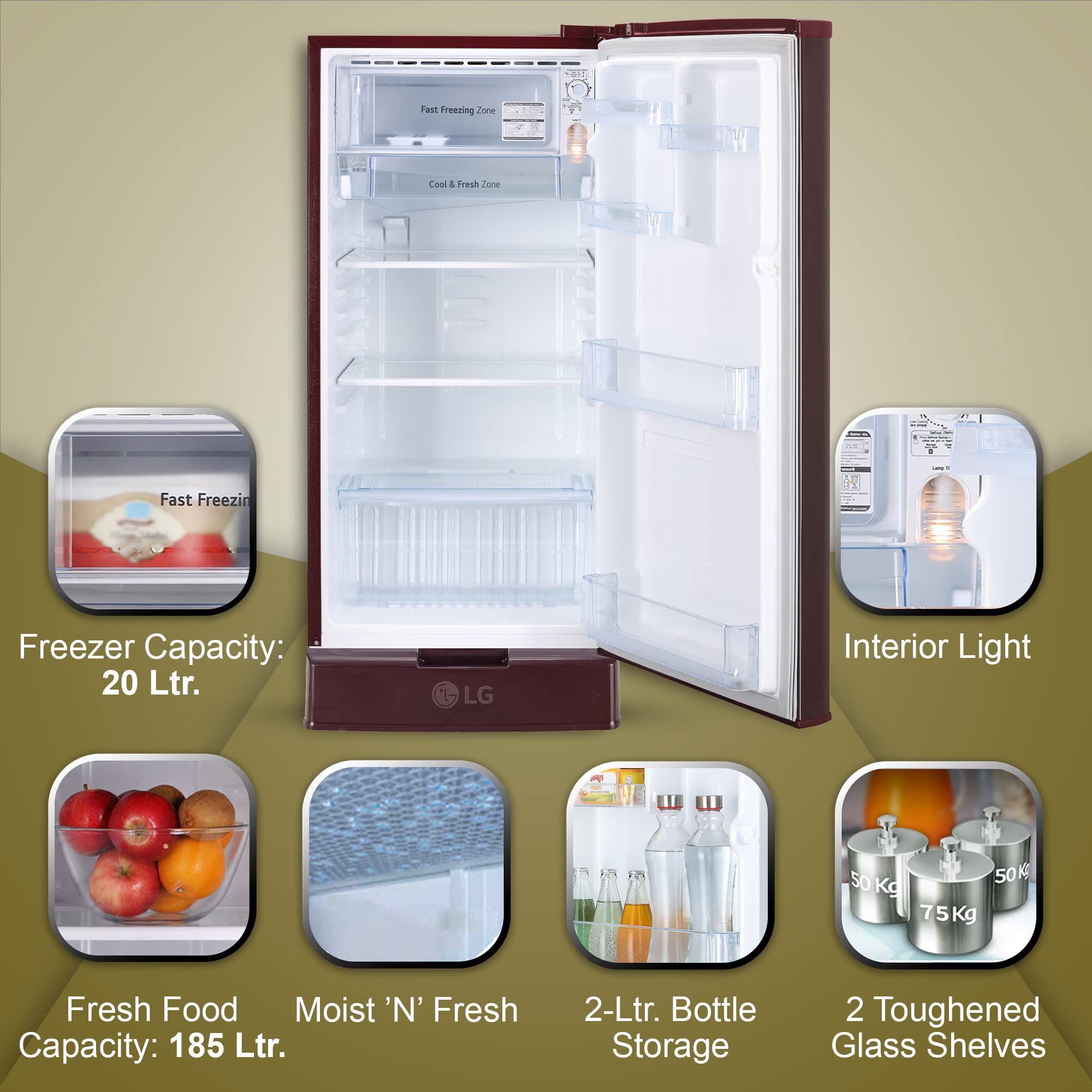 LG 185 Litres 4 Star Direct Cool Single Door Refrigerator with Base stand and Drawer (GL-D199OSEY.DSEZPST, Scarlet Euphoria) LG 185 Litres 4 Star Direct Cool Single Door Refrigerator with Base stand and Drawer (GL-D199OSEY.DSEZPST, Scarlet Euphoria)_15