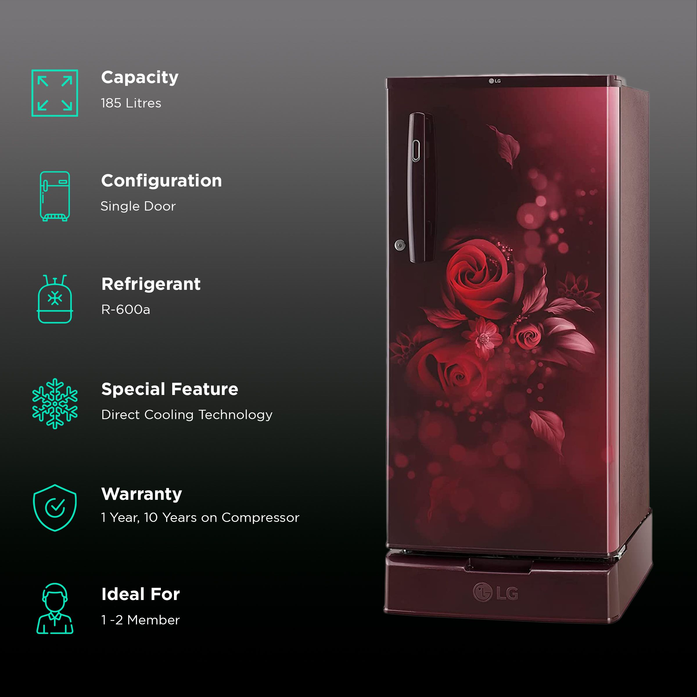 LG 185 Litres 4 Star Direct Cool Single Door Refrigerator with Base stand and Drawer (GL-D199OSEY.DSEZPST, Scarlet Euphoria) LG 185 Litres 4 Star Direct Cool Single Door Refrigerator with Base stand and Drawer (GL-D199OSEY.DSEZPST, Scarlet Euphoria)_2