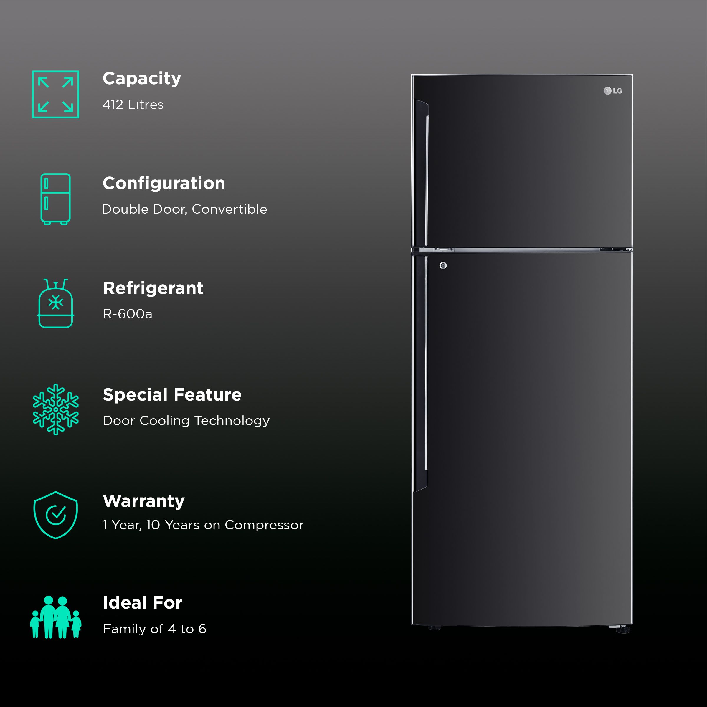 LG 412 Litres 1 Star Frost Free Double Door Convertible Refrigerator with Smart Diagnosis (GL-T432AESR.DESZEB, Ebony Sheen) LG 412 Litres 1 Star Frost Free Double Door Convertible Refrigerator with Smart Diagnosis (GL-T432AESR.DESZEB, Ebony Sheen)_2