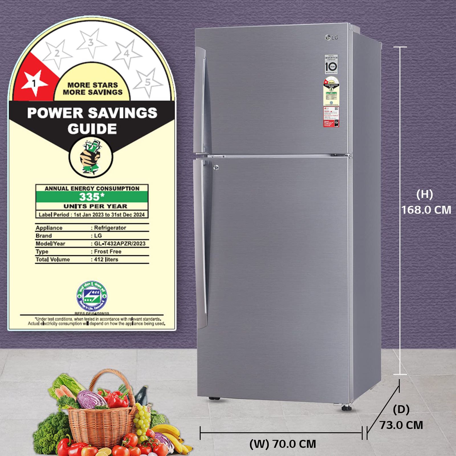 LG 412 Litres 1 Star Frost Free Double Door Convertible Refrigerator with Smart Inverter Compressor (GL-T432APZR.DPZZEB, Shiny Steel) LG 412 Litres 1 Star Frost Free Double Door Convertible Refrigerator with Smart Inverter Compressor (GL-T432APZR.DPZZEB, Shiny Steel)_15