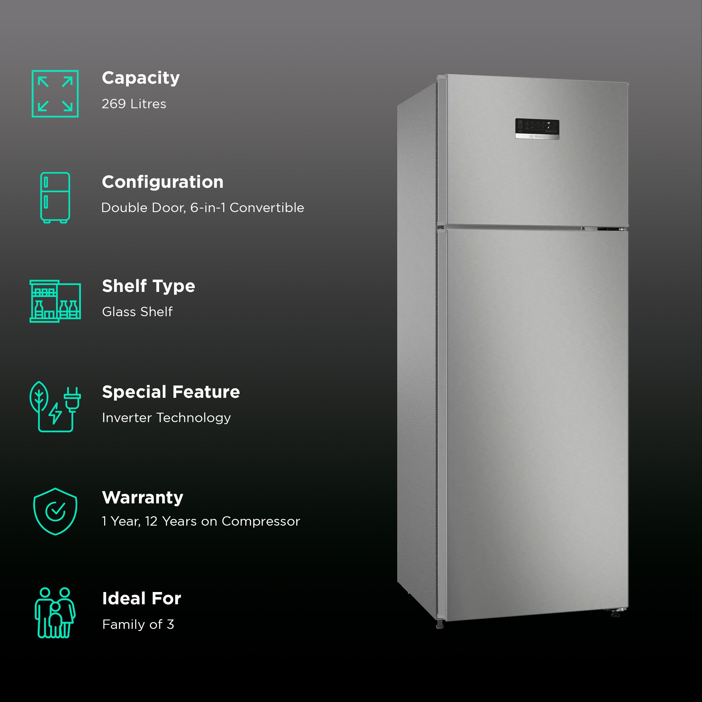 BOSCH Series 4 269 Litres 3 Star Frost Free Double Door Convertible Refrigerator with Vario Inverter Compressor (CTC29S031I, Sparkly Steel) BOSCH Series 4 269 Litres 3 Star Frost Free Double Door Convertible Refrigerator with Vario Inverter Compressor (CTC29S031I, Sparkly Steel)_2