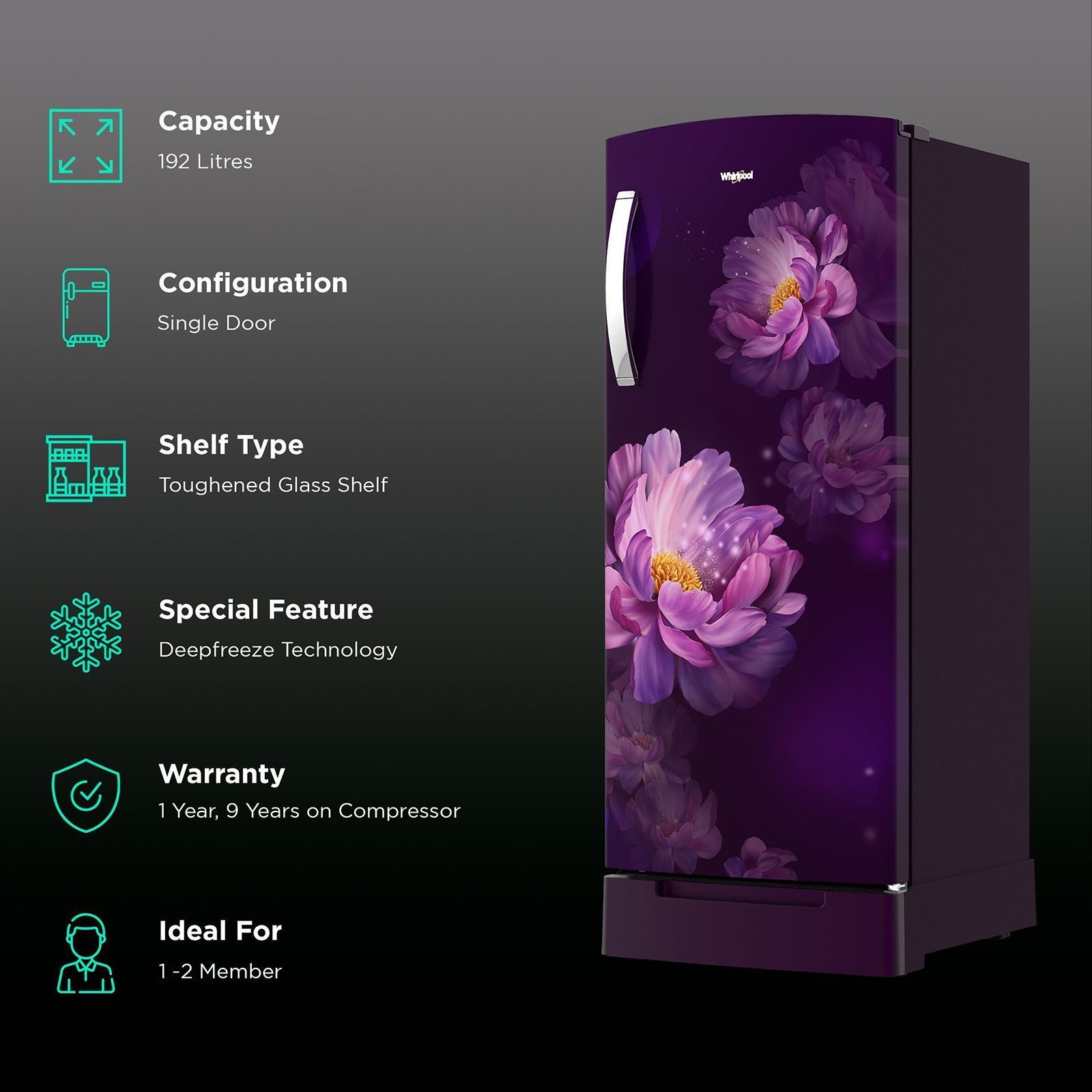 Whirlpool IMPRO 192 Litres 3 Star Direct Cool Single Door Refrigerator with Stabilizer Free Operation (215 IMPRO ROY, Purple) Whirlpool IMPRO 192 Litres 3 Star Direct Cool Single Door Refrigerator with Stabilizer Free Operation (215 IMPRO ROY, Purple)_1