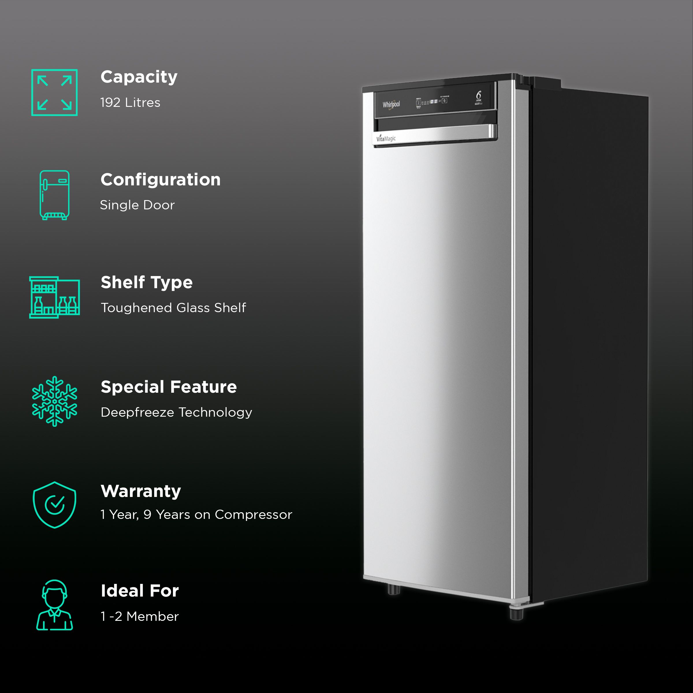Whirlpool VitaMagic Pro 192 Litres 3 Star Direct Cool Single Door Refrigerator with Stabilizer Free Operation (72601, Alpha Steel) Whirlpool VitaMagic Pro 192 Litres 3 Star Direct Cool Single Door Refrigerator with Stabilizer Free Operation (72601, Alpha Steel)_2
