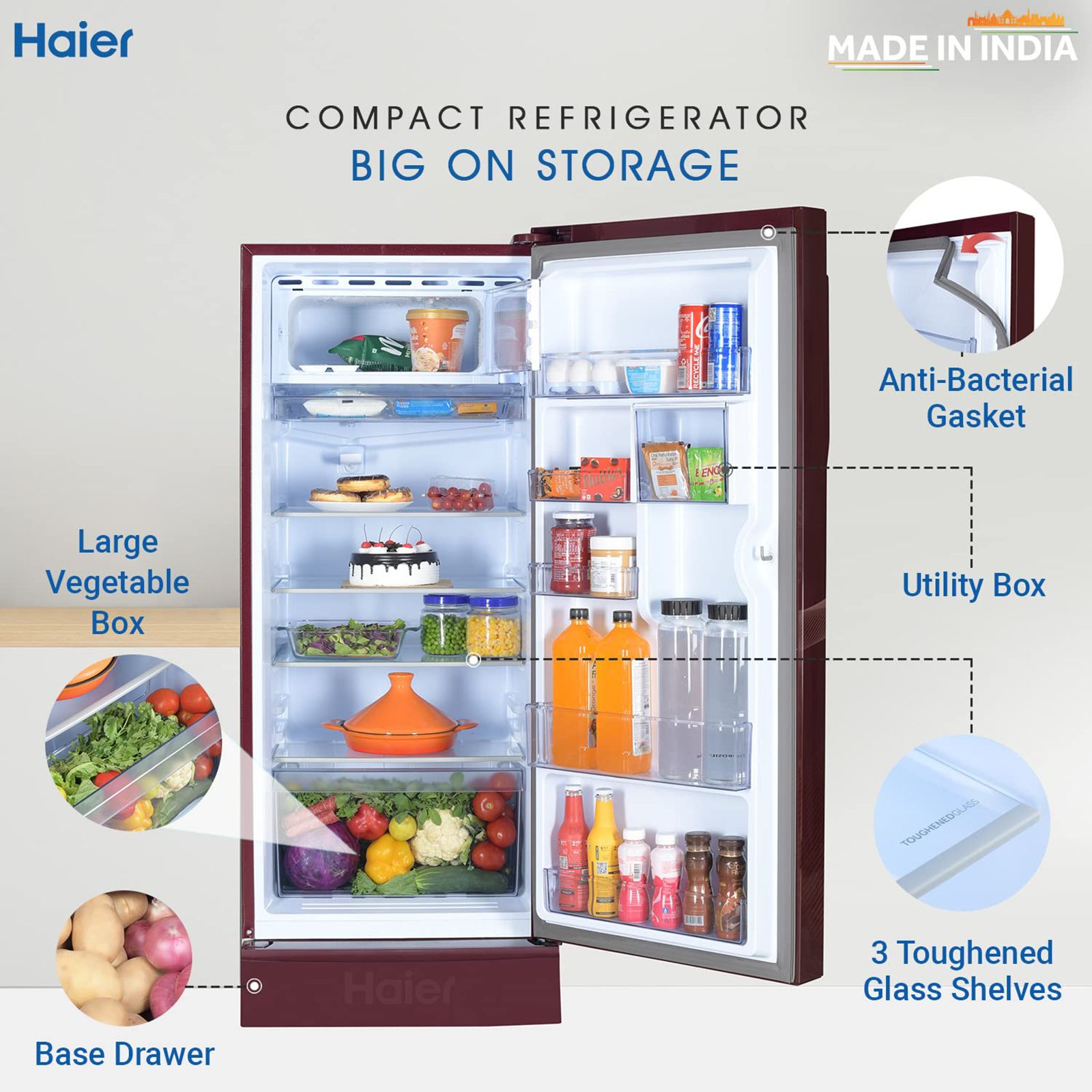 Haier 190 Litres 3 Star Direct Cool Single Door Refrigerator with Antibacterial Gasket (HED-203RFB-P, Red Opal) Haier 190 Litres 3 Star Direct Cool Single Door Refrigerator with Antibacterial Gasket (HED-203RFB-P, Red Opal)_15
