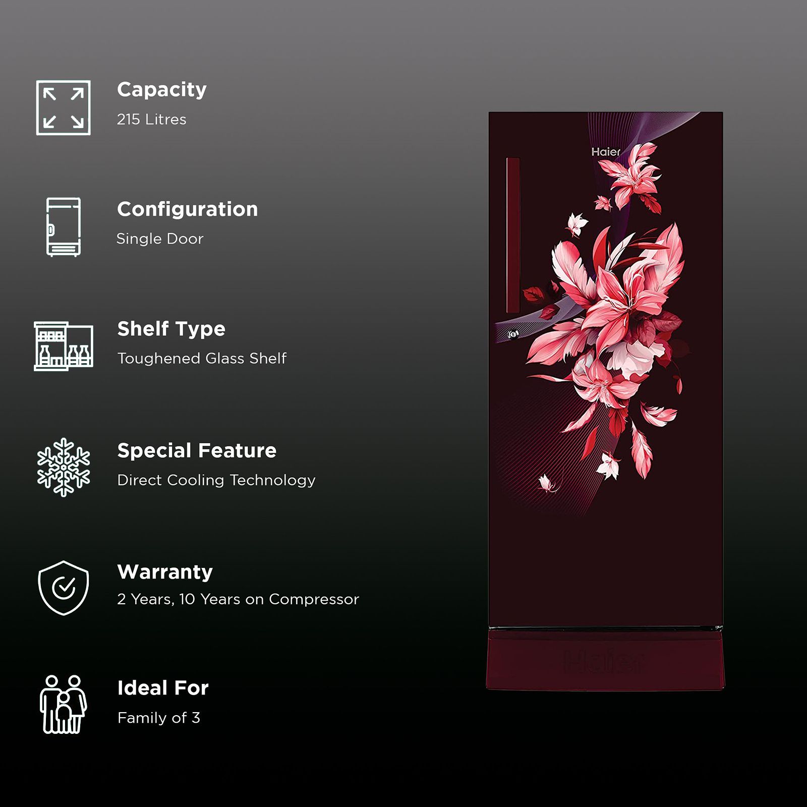 Haier 215 Litres 3 Star Direct Cool Single Door Refrigerator with Stabilizer Free Operation (HED-223RFB-P, Red Opal) Haier 215 Litres 3 Star Direct Cool Single Door Refrigerator with Stabilizer Free Operation (HED-223RFB-P, Red Opal)_2