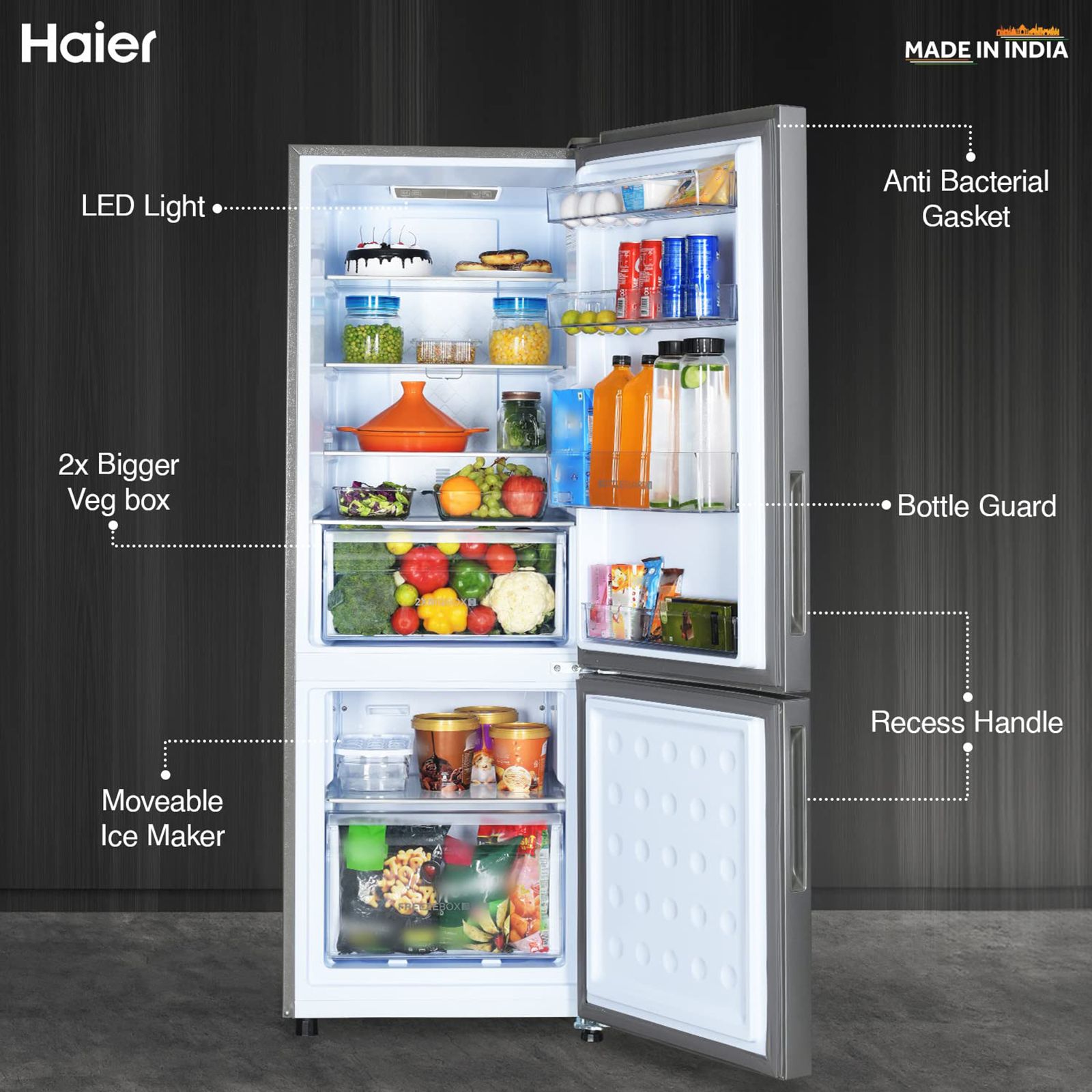 Haier 237 Litres 2 Star Frost Free Double Door Bottom Mount Convertible Refrigerator with Anti-bacterial Gasket (HEB-242GS-P, Moon Silver)_11