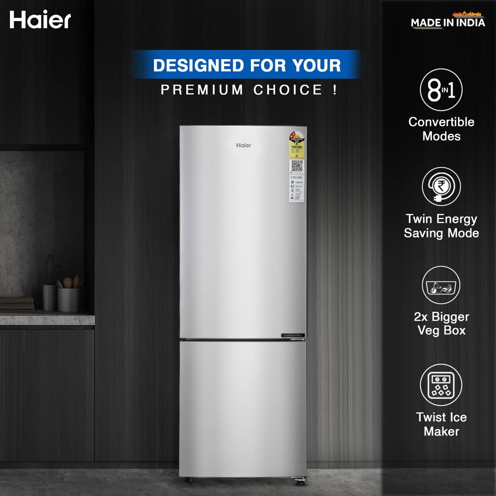 Haier 237 Litres 2 Star Frost Free Double Door Bottom Mount Convertible Refrigerator with Anti-bacterial Gasket (HEB-242GS-P, Moon Silver)_14