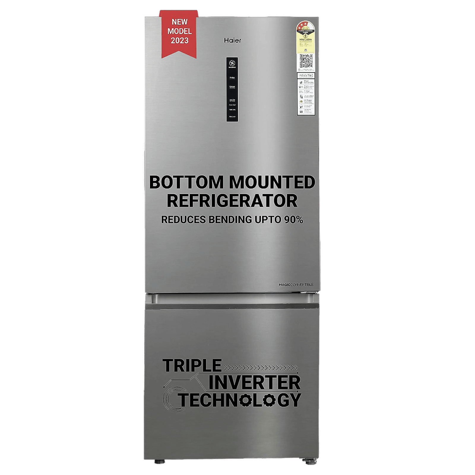 Haier 325 Litres 3 Star Frost Free Double Door Bottom Mount Convertible Refrigerator with Antibacterial Gasket (HEB-333DS-P, Dazzle Steel)_1