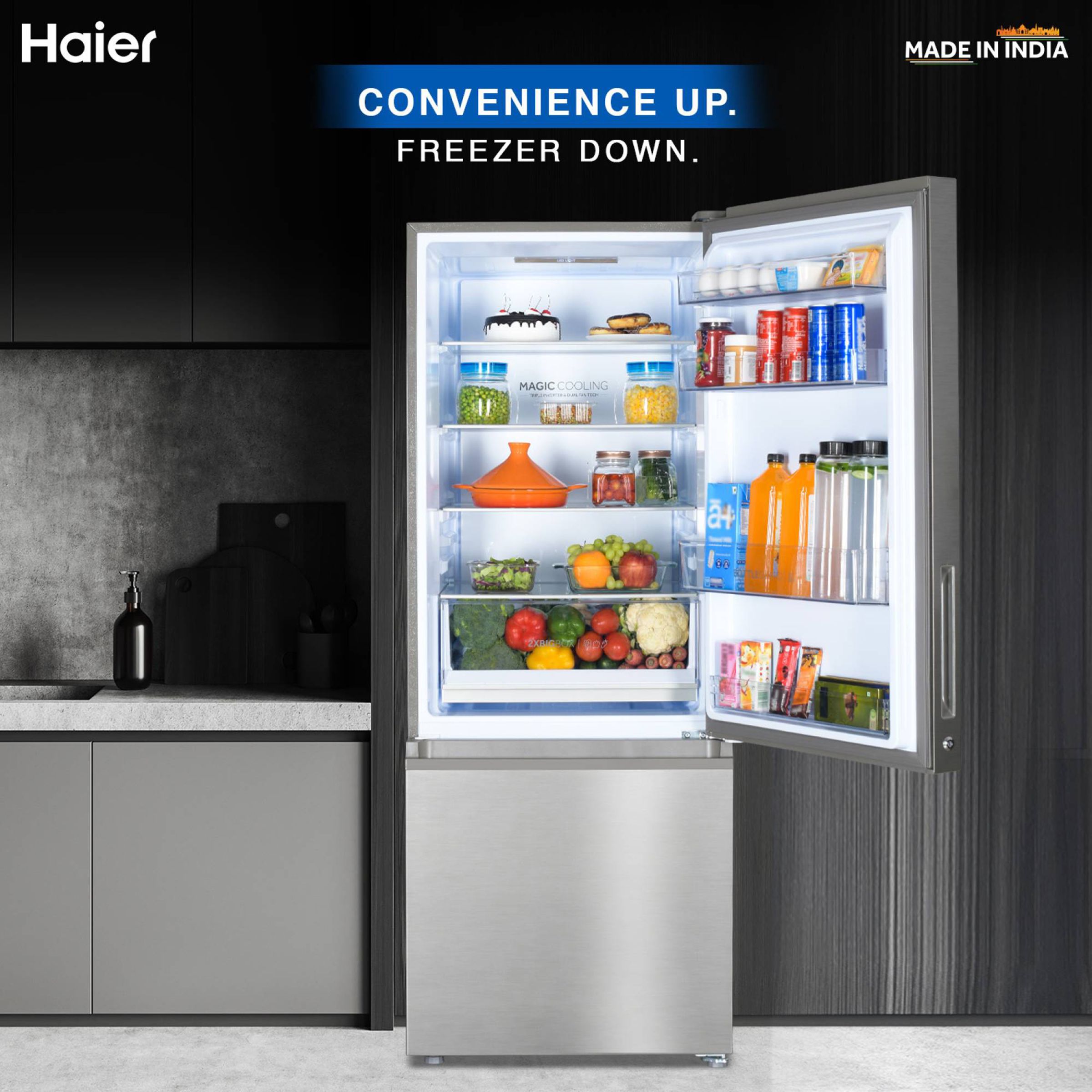 Haier 325 Litres 3 Star Frost Free Double Door Bottom Mount Convertible Refrigerator with Antibacterial Gasket (HEB-333DS-P, Dazzle Steel)_16