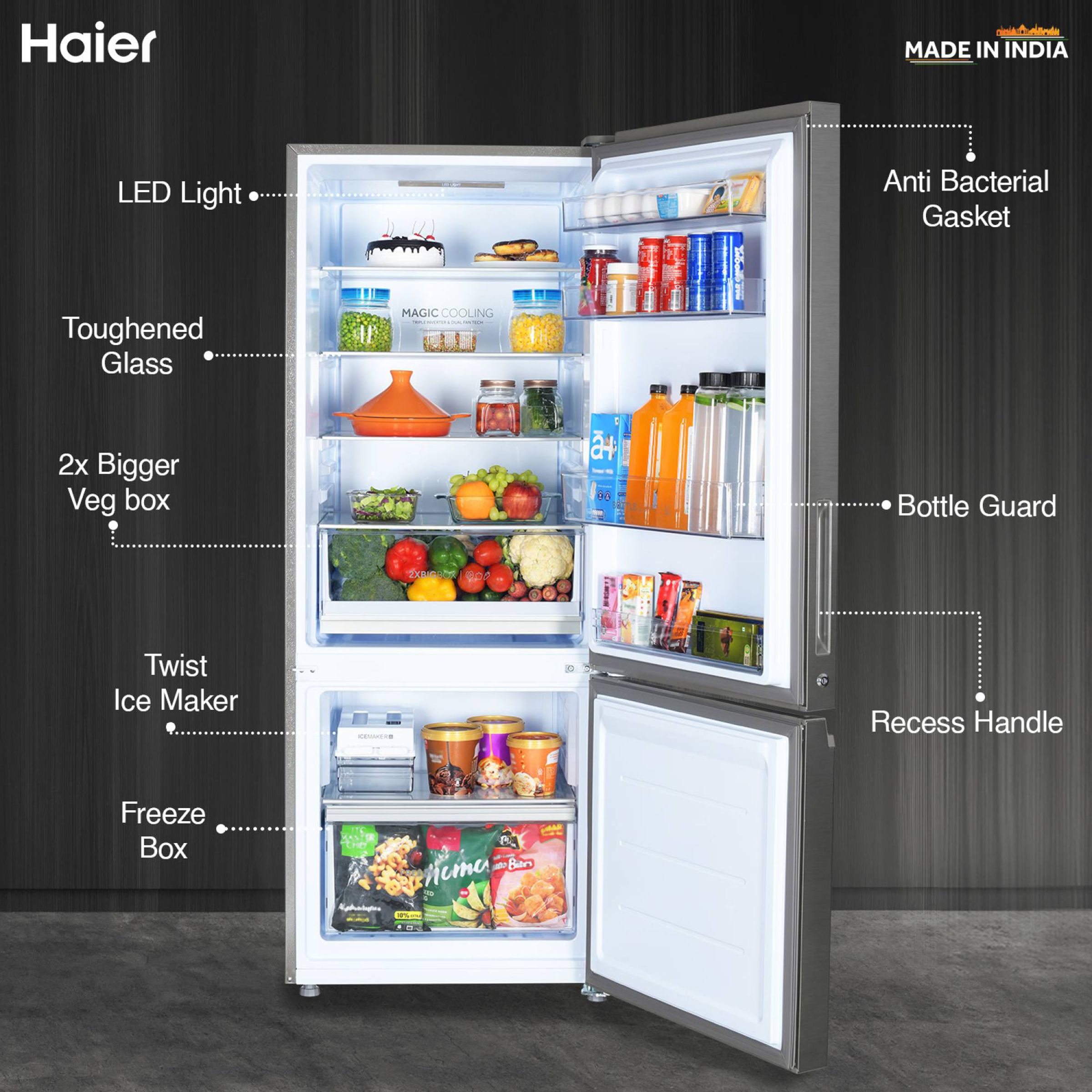 Haier 325 Litres 3 Star Frost Free Double Door Bottom Mount Convertible Refrigerator with Antibacterial Gasket (HEB-333DS-P, Dazzle Steel)_18