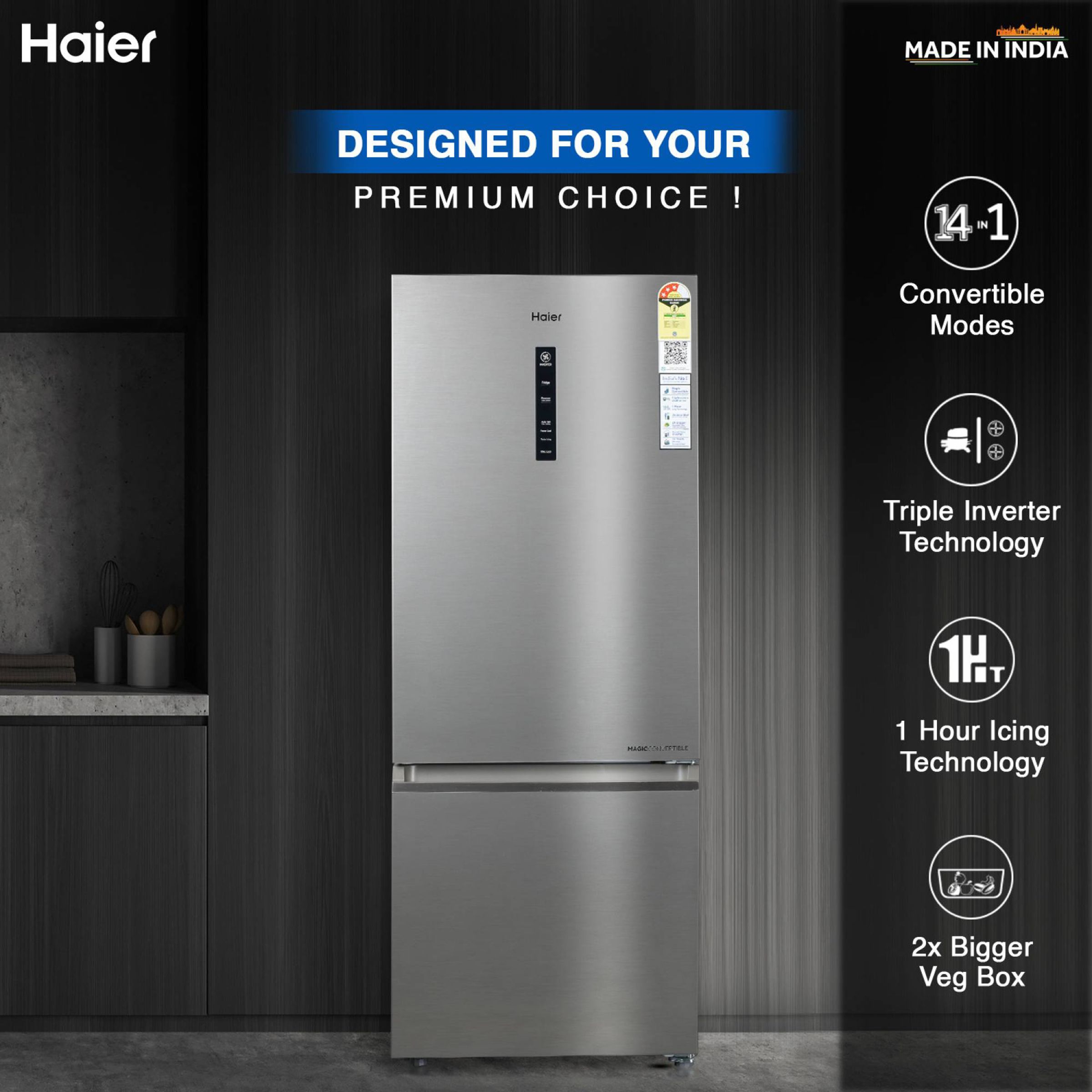 Haier 325 Litres 3 Star Frost Free Double Door Bottom Mount Convertible Refrigerator with Antibacterial Gasket (HEB-333DS-P, Dazzle Steel)_20