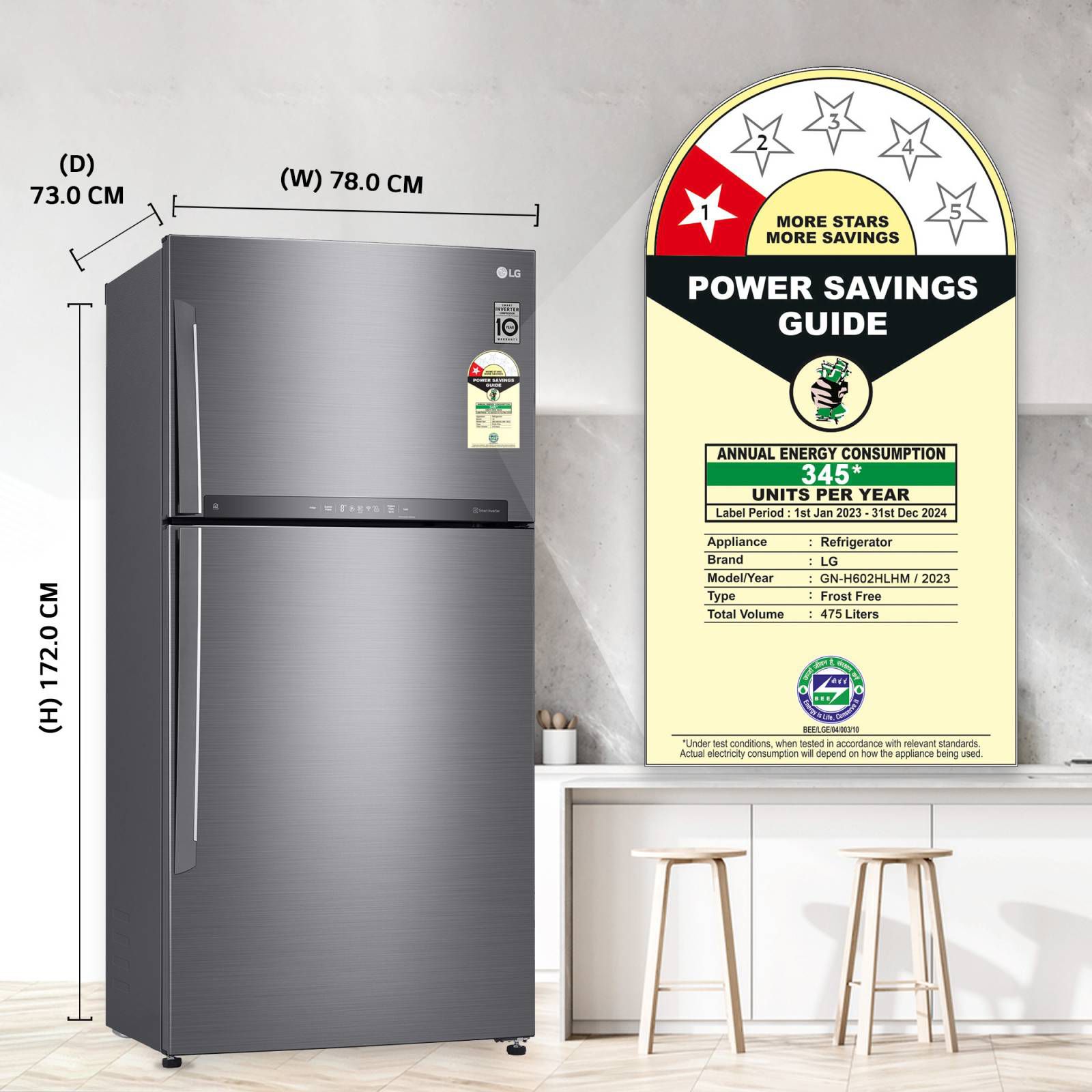 LG 475 Litres 1 Star Frost Free Double Door Refrigerator with Stabilizer Free Operation (GN-H602HLHM.APZQEBN, Platinum Silver)_9