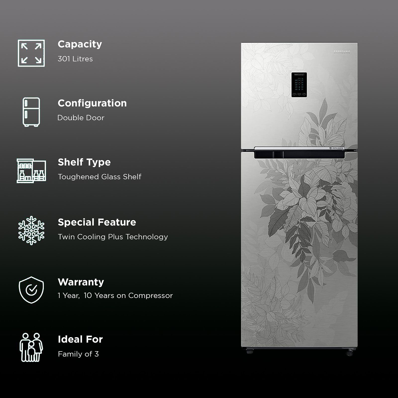 SAMSUNG 301 Litres 2 Star Frost Free Double Door Convertible Refrigerator with Deodorizing Filter (RT34C4522QB/HL, Bouquet Silver) SAMSUNG 301 Litres 2 Star Frost Free Double Door Convertible Refrigerator with Deodorizing Filter (RT34C4522QB/HL, Bouquet Silver)_2