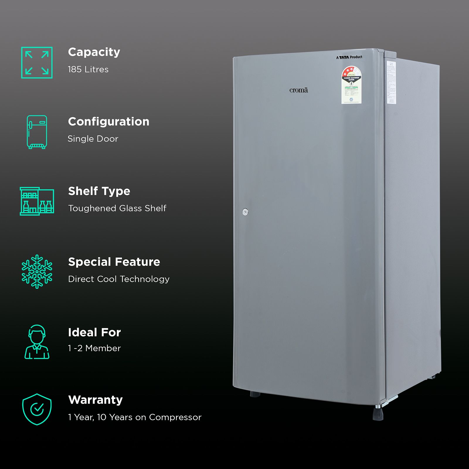 Croma 185 Litres 3 Star Direct Cool Single Door Refrigerator with Inverter Compressor (CRLR185DID276201, Solid Grey)_2