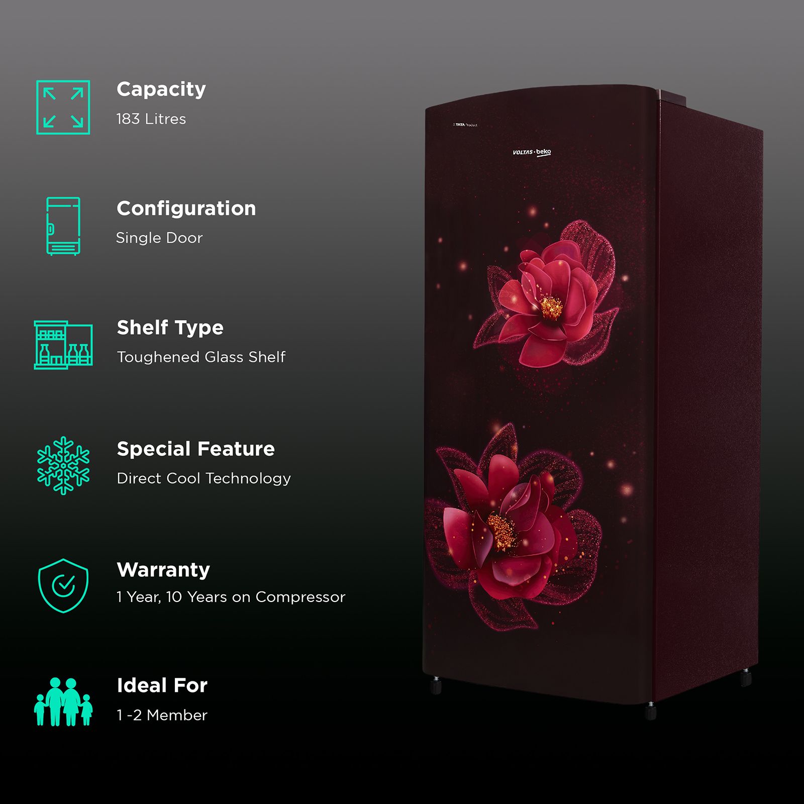 VOLTAS beko 183 Litres 2 Star Direct Cool Single Door Refrigerator with Reciprocating Compressor (RDC215D / S0RFR0M0, Fressia Ruby) VOLTAS beko 183 Litres 2 Star Direct Cool Single Door Refrigerator with Reciprocating Compressor (RDC215D / S0RFR0M0, Fressia Ruby)_2