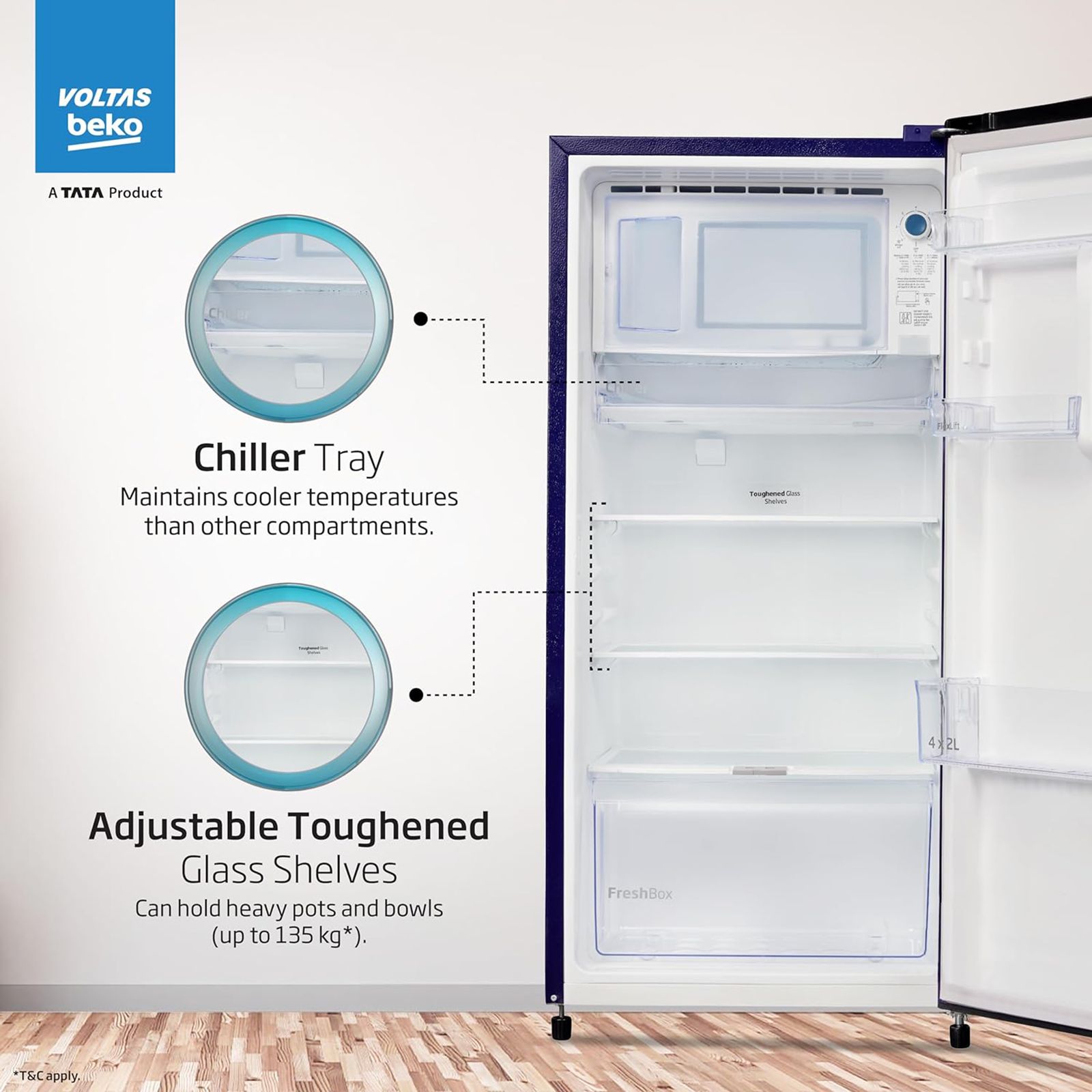 VOLTAS beko 173 Litres 3 Star Direct Cool Single Door Refrigerator with Reciprocating Compressor (RDC205C / S0PBE0M0, Peony Blue)_10