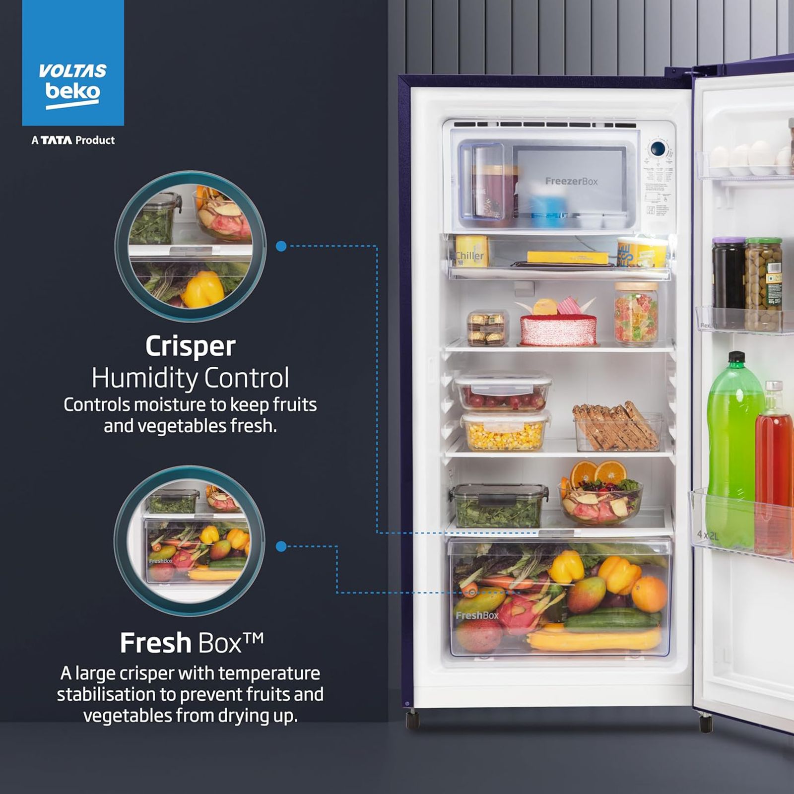 VOLTAS beko 173 Litres 3 Star Direct Cool Single Door Refrigerator with Reciprocating Compressor (RDC205C / S0PBE0M0, Peony Blue)_13