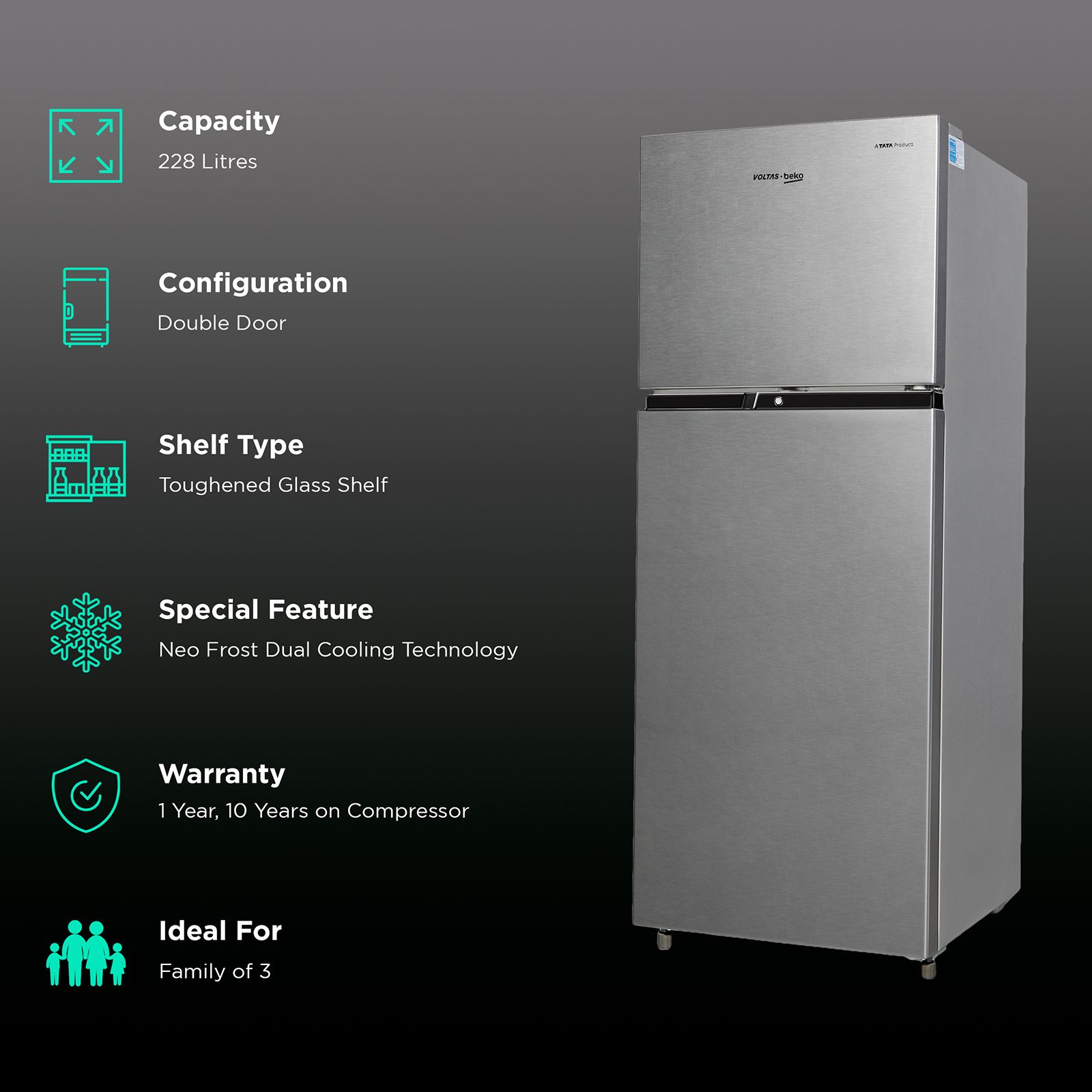 VOLTAS beko 228 Litres 2 Star Frost Free Double Door Refrigerator with Reciprocating Compressor (RFF265D/W0XIR0I000, Brushed Silver) VOLTAS beko 228 Litres 2 Star Frost Free Double Door Refrigerator with Reciprocating Compressor (RFF265D/W0XIR0I000, Brushed Silver)_2