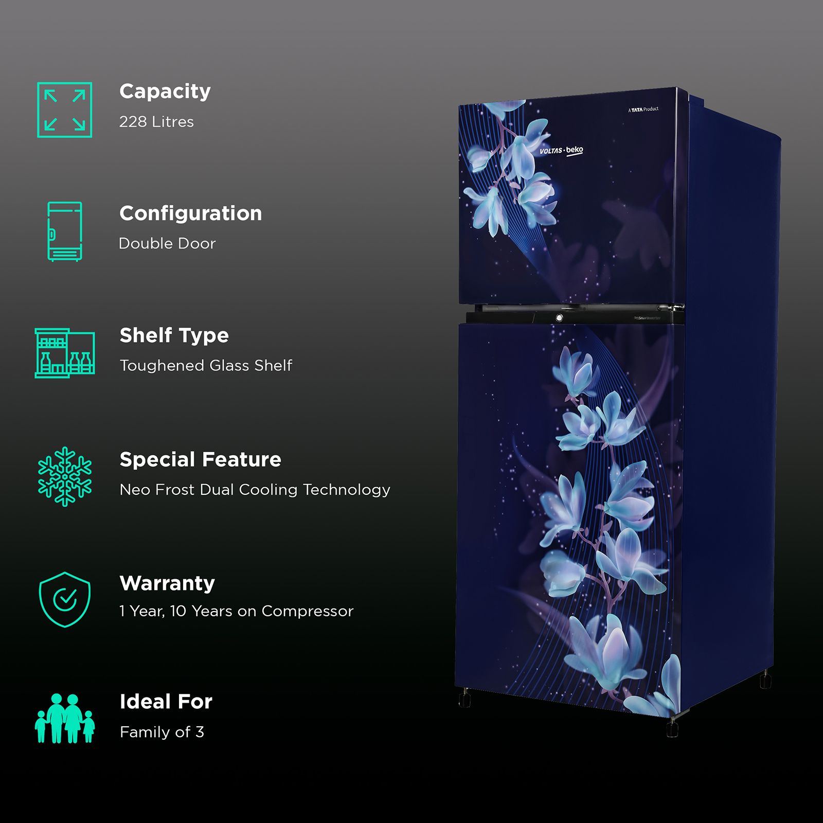 VOLTAS beko 228 Litres 2 Star Frost Free Double Door Refrigerator with Reciprocating Compressor (RFF265D / W0NBR0I0, Nightangle Blue) VOLTAS beko 228 Litres 2 Star Frost Free Double Door Refrigerator with Reciprocating Compressor (RFF265D / W0NBR0I0, Nightangle Blue)_2