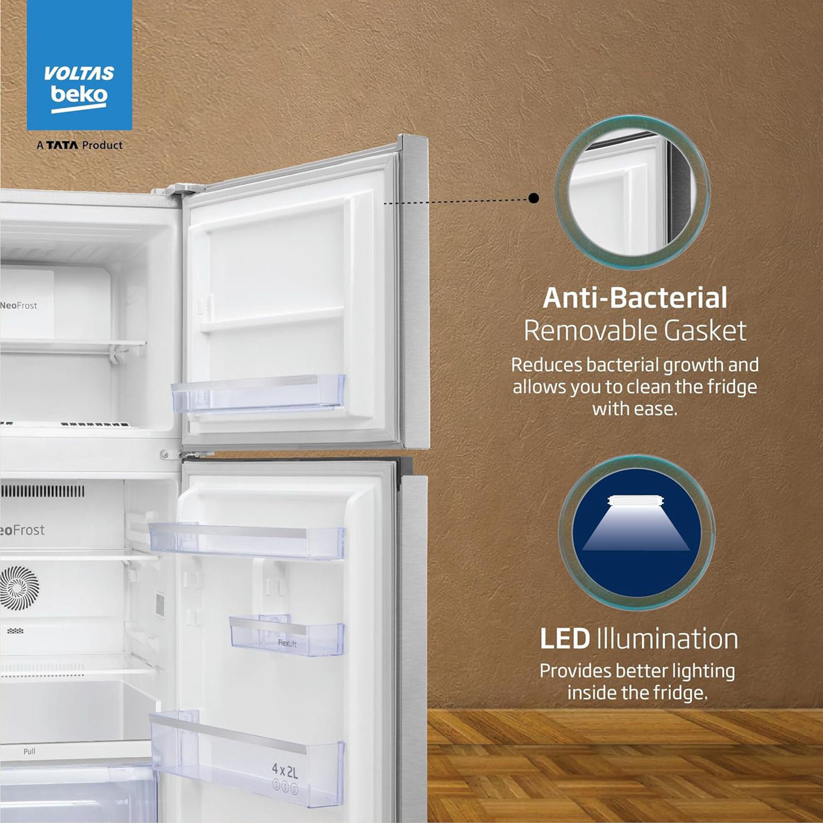 VOLTAS beko 248 Litres 3 Star Frost Free Double Door Refrigerator with Neo Frost Dual Cooling (RFF285C / WPXIR0I0, Brushed Silver)_9