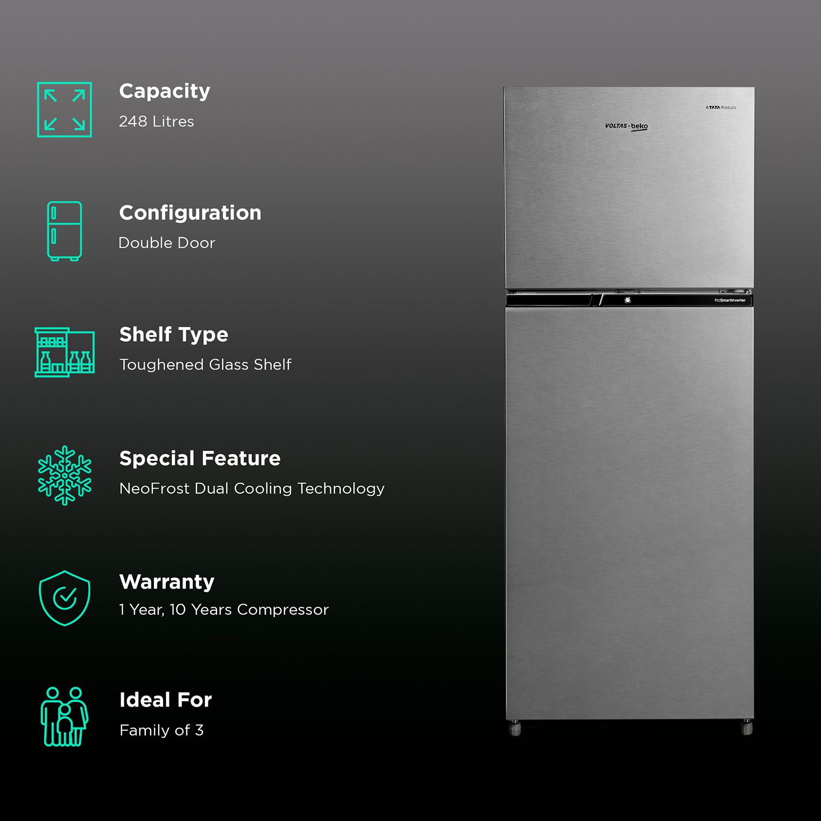VOLTAS beko 248 Litres 3 Star Frost Free Double Door Refrigerator with Neo Frost Dual Cooling (RFF285C / WPXIR0I0, Brushed Silver)_2