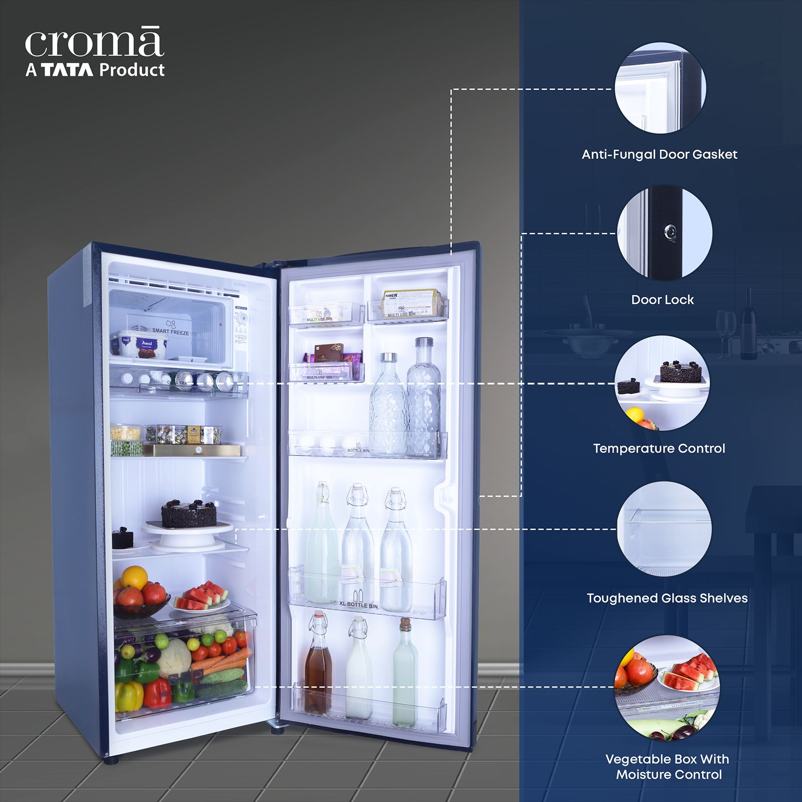 Croma 206 Litres 4 Star Direct Cool Single Door Refrigerator with Inverter Compressor ( Blue)_8