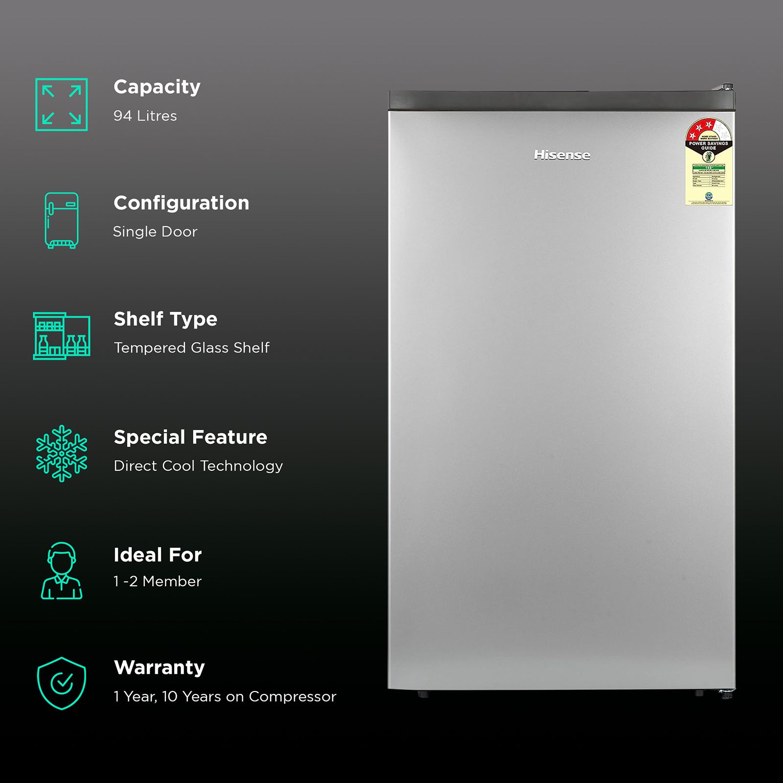 Hisense 94 Liters 3 Star Direct Cool Single Door Refrigerator with Reversible Door (RR94D4SSN, Silver) Hisense 94 Liters 3 Star Direct Cool Single Door Refrigerator with Reversible Door (RR94D4SSN, Silver)_2