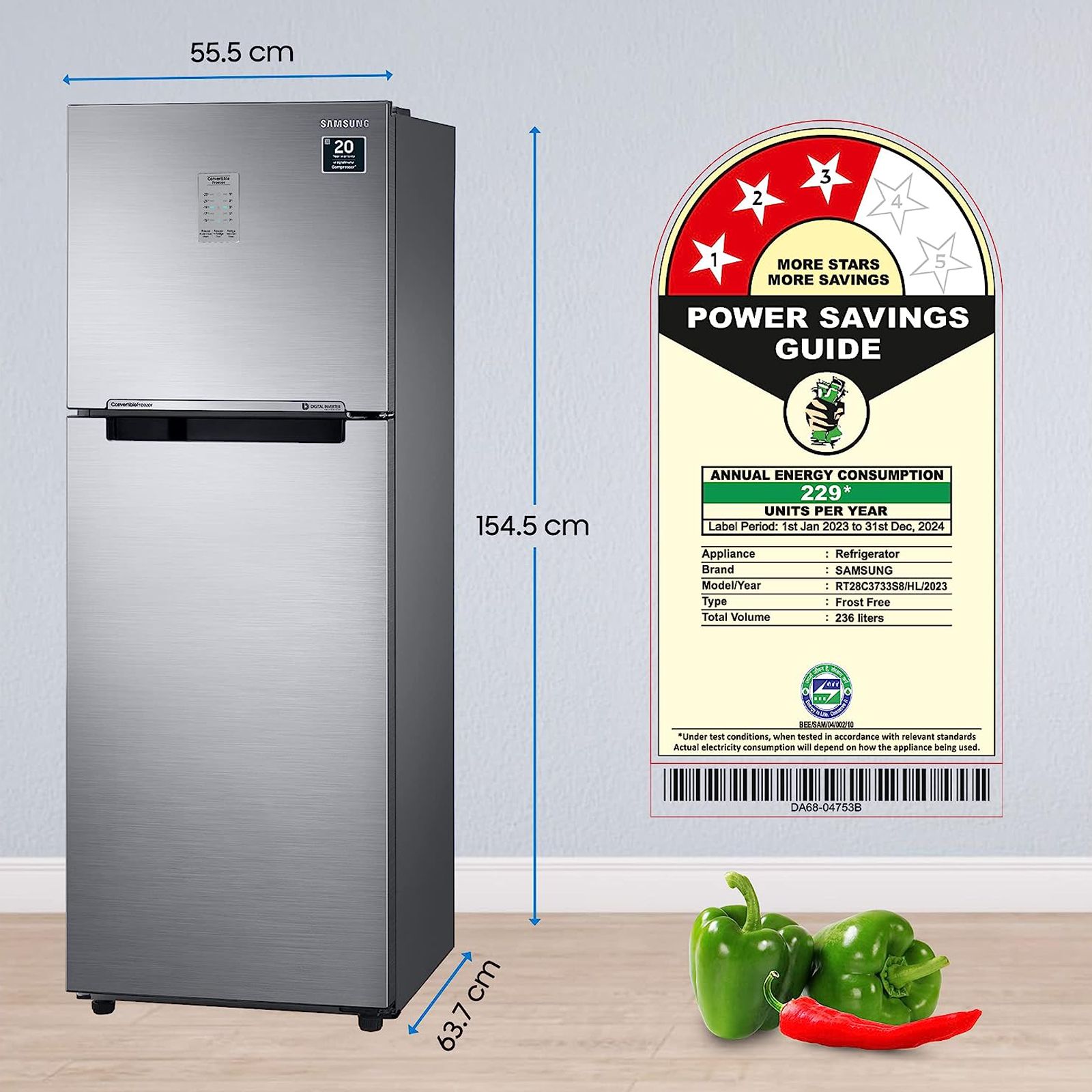 SAMSUNG 236 Litres 3 Star Frost Free Double Door Convertible Refrigerator with Anti Bacterial Gasket (RT28C3733S8/HL, Elegant Inox) SAMSUNG 236 Litres 3 Star Frost Free Double Door Convertible Refrigerator with Anti Bacterial Gasket (RT28C3733S8/HL, Elegant Inox)_10