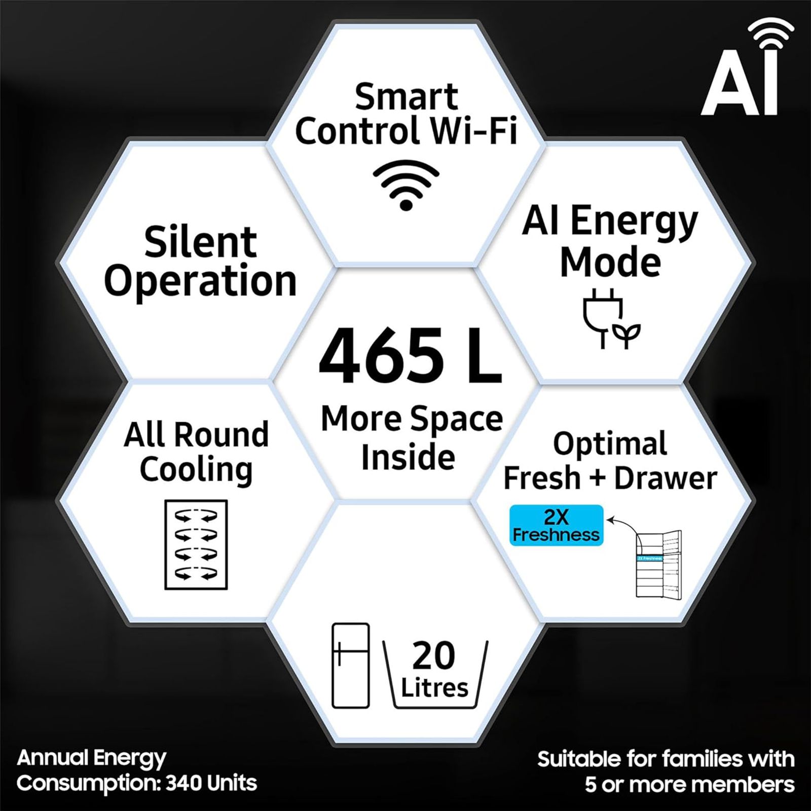 SAMSUNG 465 Litres 1 Star Frost Free Double Door Refrigerator with SmartThings AI Energy Mode (RT51CB662A22TL, Clean Black Glass)_11