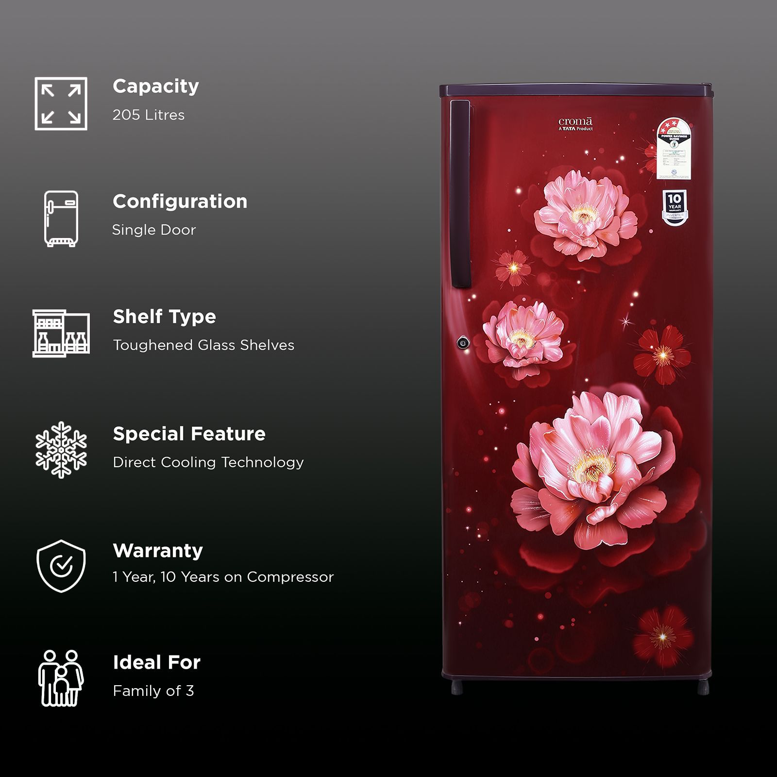 Croma 205 Litres 3 Star Direct Cool Single Door Refrigerator with Anti-Fungal Door Gasket (CRLR206DID250503, Bloom Wine Red) Croma 205 Litres 3 Star Direct Cool Single Door Refrigerator with Anti-Fungal Door Gasket (CRLR206DID250503, Bloom Wine Red)_3