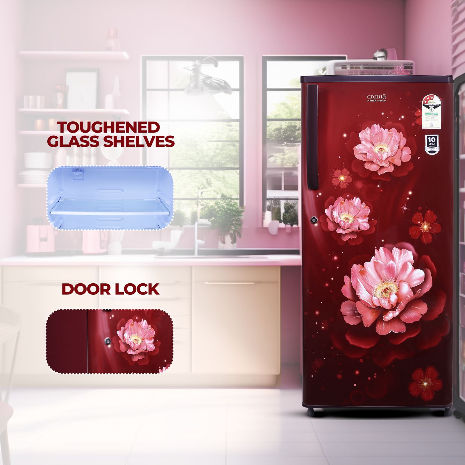 Croma 205 Litres 3 Star Direct Cool Single Door Refrigerator with Anti-Fungal Door Gasket (CRLR206DID250503, Bloom Wine Red) Croma 205 Litres 3 Star Direct Cool Single Door Refrigerator with Anti-Fungal Door Gasket (CRLR206DID250503, Bloom Wine Red)_8
