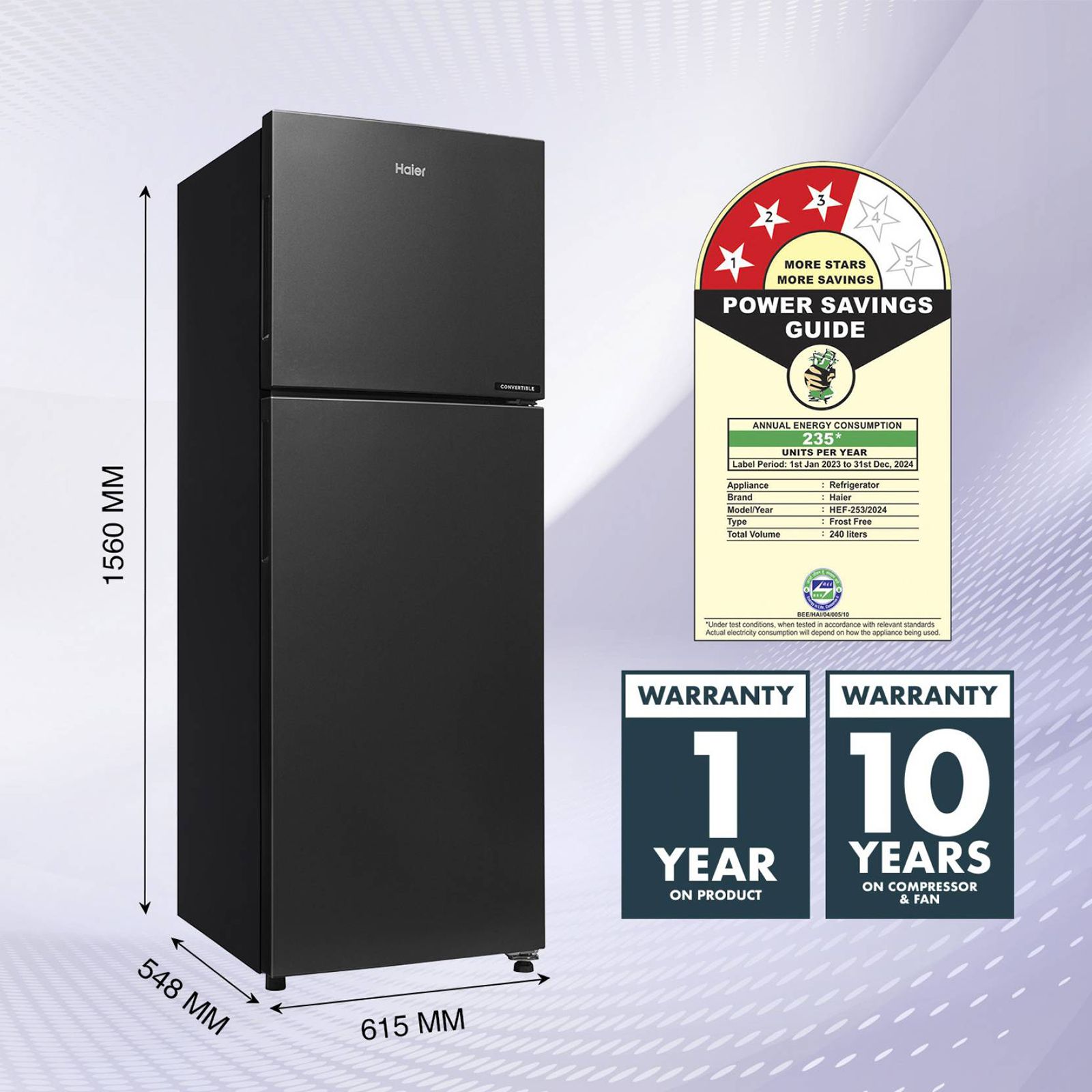 Haier 240 Litres 3 Star Frost Free Double Door Refrigerator with Twin Inverter Technology (HEF253GBP, Black)_15