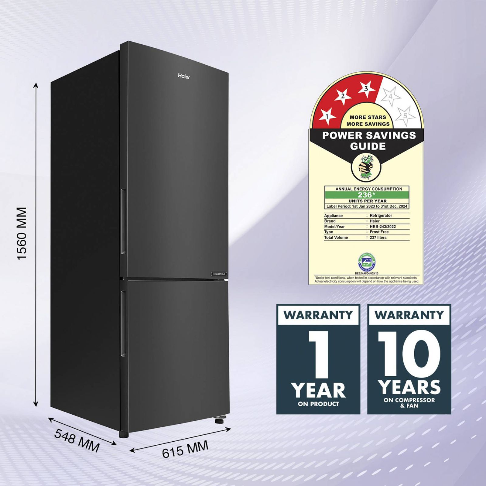 Haier 237 Litres 3 Star Frost Free Double Door Bottom Mount Convertible Refrigerator with Twin Inverter Technology (HEB243GBP, Black)_16